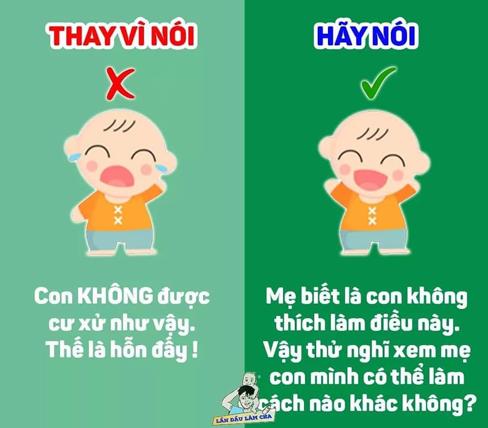 9 CÂU NÓI HIỆU QUẢ, THAY VÌ NÓI "KHÔNG"

Thay vì nói “không được” để cấm đoán trẻ, cha mẹ có thể diễn đạt theo những cách tích cực hơn, ví dụ nói: “Mẹ hiểu những gì con đang làm/ đang suy nghĩ” trước khi giải thích về giới hạn của một việc nào đó. 👶