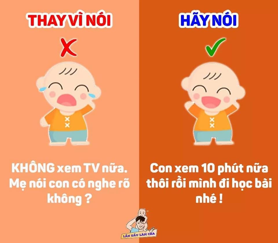 9 CÂU NÓI HIỆU QUẢ, THAY VÌ NÓI "KHÔNG"

Thay vì nói “không được” để cấm đoán trẻ, cha mẹ có thể diễn đạt theo những cách tích cực hơn, ví dụ nói: “Mẹ hiểu những gì con đang làm/ đang suy nghĩ” trước khi giải thích về giới hạn của một việc nào đó. 👶