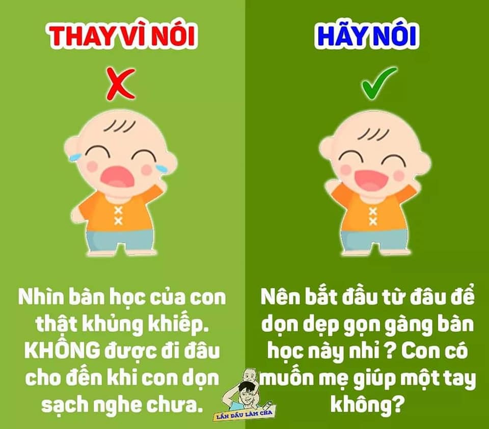 9 CÂU NÓI HIỆU QUẢ, THAY VÌ NÓI "KHÔNG"

Thay vì nói “không được” để cấm đoán trẻ, cha mẹ có thể diễn đạt theo những cách tích cực hơn, ví dụ nói: “Mẹ hiểu những gì con đang làm/ đang suy nghĩ” trước khi giải thích về giới hạn của một việc nào đó. 👶