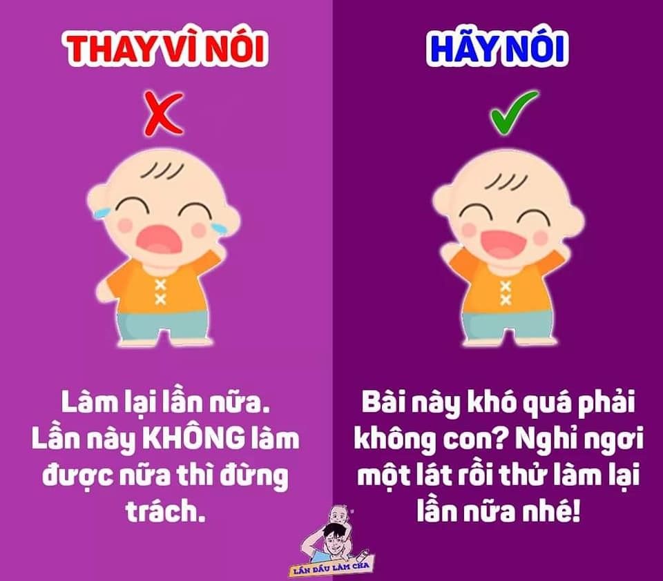 9 CÂU NÓI HIỆU QUẢ, THAY VÌ NÓI "KHÔNG"

Thay vì nói “không được” để cấm đoán trẻ, cha mẹ có thể diễn đạt theo những cách tích cực hơn, ví dụ nói: “Mẹ hiểu những gì con đang làm/ đang suy nghĩ” trước khi giải thích về giới hạn của một việc nào đó. 👶