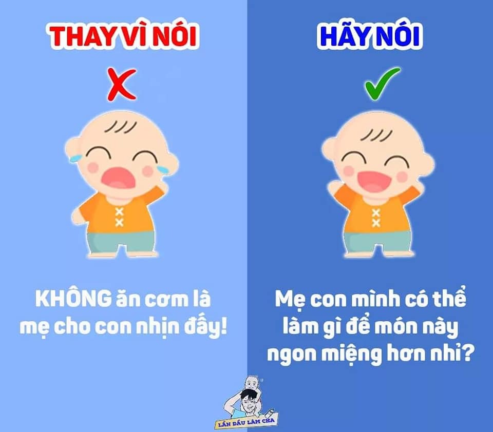 9 CÂU NÓI HIỆU QUẢ, THAY VÌ NÓI "KHÔNG"

Thay vì nói “không được” để cấm đoán trẻ, cha mẹ có thể diễn đạt theo những cách tích cực hơn, ví dụ nói: “Mẹ hiểu những gì con đang làm/ đang suy nghĩ” trước khi giải thích về giới hạn của một việc nào đó. 👶