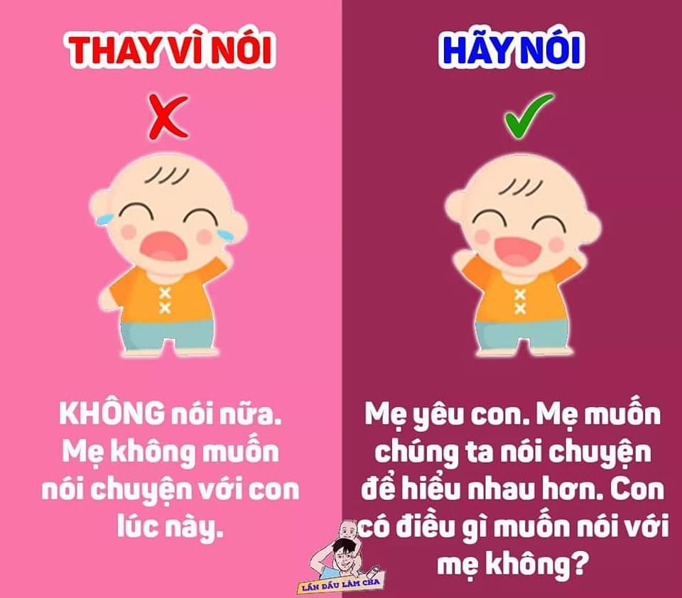 9 CÂU NÓI HIỆU QUẢ, THAY VÌ NÓI "KHÔNG"

Thay vì nói “không được” để cấm đoán trẻ, cha mẹ có thể diễn đạt theo những cách tích cực hơn, ví dụ nói: “Mẹ hiểu những gì con đang làm/ đang suy nghĩ” trước khi giải thích về giới hạn của một việc nào đó. 👶