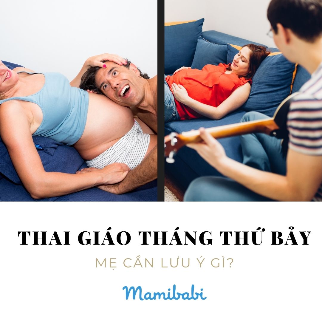 THAI GIÁO THÁNG THỨ 7 MẸ CẦN LƯU Ý ĐIỀU GÌ?

Các mom ơi, có ai đang mang thai tháng thứ 7 thay vì cảm giác hoang mang lo lắng lại thấy….  hạnh phúc và sung sướng tột độ với thiên chức được làm mẹ lần đầu như em không ạ? Tất cả là nhờ thai giáo tháng thứ 7 cho con đúng cách mà em đã và đang áp dụng. Hôm nay em sẽ chia sẻ cho các mom những phương pháp thai giáo cho thai nhi tháng thứ 7 cực hiệu quả mà em đã đúc kết được trong suốt thời gian qua.

Trước khi chia sẻ về thai giáo cho con tháng thứ 7 đúng cách, các mom hãy cùng em tìm hiểu xem thai nhi ở tháng thứ 7 này phát triển thế nào? Mom cần lưu ý gì khi thai giáo cho con tháng thứ 7 nhá!

Thai nhi phát triển thế nào ở tháng thứ 7?

Ở tháng thứ 7 của thai kỳ, con đã có cân nặng từ 900-1.350g và dài 38cm đó các mom. Thời điểm này con sẽ có những “cú đá” và “vươn vai” thường xuyên nên mom cũng đừng lấy đó làm bất ngờ nha :D Giai đoạn này, việc áp dụng phương pháp thai giáo cho thai nhi đúng cách sẽ giúp mẹ có thể kết nối và trò chuyện cùng con đó! Thật kỳ diệu phải không các mom ơi!

Tháng thứ 7 của thai kỳ, con sẽ có những sự thay đổi như sau:

- Não và hệ thần kinh: Phát triển nhanh hơn, con đã nhạy cảm hơn với tiếng động, mùi vị & âm nhạc
- Phổi: Đã bắt đầu hoạt động
- Ngủ và thức dậy: Thời gian ngủ và thức cũng sẽ rõ ràng hơn, mẹ có thể dựa theo đó để cho con nghe nhạc thai giáo tháng thứ 7 hiệu quả để không đánh thức hay làm phiền đến con… khi con đang ngủ
- Mắt: Con đã có thể phản ứng với ánh sáng và bóng tối
- Da: Da của con lúc này đã đỏ và nhăn nheo hơn
- Hệ tiêu hoá: Bắt đầu hoạt động
- Xương, hộp sọ: Xương bắt đầu cứng cáp trong khi hộp sọ của con vẫn còn mềm.

Mẹ cần lưu ý:

- Về mặt tâm lý: Luôn vui vẻ, tích cực, gia đình hoà thuận, mom cũng nên rủ bố tham gia quá trình thai giáo tháng thứ 7 cùng con mom nhé!
- Khẩu phần dinh dưỡng: Chế độ dinh dưỡng hợp lý, bổ sung nhiều canxi, photpho, i-ốt,...
- Đi giày đế thấp và thoải 
- Tư thế ngủ mẹ nên áp dụng nằm cong như hình cánh cung

Vai trò của giáo dục thai nhi tháng thứ 7

Thai giáo tháng thứ 7 vô cùng quan trọng đối với sự phát triển của thai nhi bởi đây là giai đoạn để con hoàn thiện cơ thể chuẩn bị chào đời. Lúc này, việc áp dụng phương pháp thai giáo cho thai nhi tháng thứ 7 đúng cách giúp con yêu tiếp thu và ghi nhớ được kiến thức một cách tốt hơn đó mom. Từ đó cũng sẽ giúp kích thích não bộ phát triển nhanh chóng.

Đặc biệt, với việc thai giáo tháng thứ 7 bằng ánh sáng sẽ giúp cơ quan thị giác và não bộ của con phát triển tốt hơn. Từ đó, con sẽ dễ dàng phân biệt được ngày, đêm, sáng hay tối và hình thành được thói quen ngủ nghỉ đúng giờ.

Cũng nhờ thai giáo tháng thứ 7 mà mẹ cảm thấy thư giãn, duy trì được cảm xúc tích cực, có tâm trạng ổn định để đồng hành cùng con trong những chặng đường còn lại của thai kỳ.

Các phương pháp thai giáo cho thai nhi tháng thứ 7 

Việc áp dụng cách thai giáo tháng thứ 7 đúng cách sẽ giúp cho con hoàn thiện và phát triển đồng bộ não bộ. Do đó, để thai giáo tháng thứ 7 hiệu quả mom nên tìm đến những phương pháp thai giáo tháng thứ 7 đúng cách. 

Một trong những app thai giáo mà em thấy chuẩn chỉnh nhất hiện nay đó là Mamibabi. App này có khoản tiện nhất đó là tổng hợp được tất tần tật các hoạt động thai giáo, đúng kiểu “All in one” ấy các mom ạ. Thay vì phải search search từng mục nào là nhạc nào, nào là truyện riêng rẽ, mỗi trang một kiểu, lúc hoạ may muốn tìm lại thì… hết hơi. Thay vào đó các mom có thể tận hưởng thảnh thơi chỉ với 1 vài cú click là đã có các bước thai giáo tháng thứ 7 cực chuẩn chỉnh rồi. 

Một điểm em thấy hay ở app này đó là các bài thai giáo được thiết kế theo từng ngày, mom chỉ cần vào làm theo từng mục trong list là ổn áp lắm rồi, chẳng cần phải đi tìm đâu xa nữa. Nói dài quá rồi, bây giờ các mom cùng em khám phá những hoạt động thai giáo cho thai nhi trong tháng thứ 7 nhé ạ:

Thai giáo âm nhạc

Thai nhi tháng thứ 7 đã có thể cảm nhận được âm nhạc một cách rõ ràng hơn rồi mom ạ. Đây là thời điểm thích hợp để mom áp dụng hình thức cho con nghe nhạc thai giáo tháng thứ 7. Nhiều mom hay than phiền không biết nên tìm “nhạc thai giáo tháng thứ 7 mp3” hay “nhạc thai giáo tháng thứ 7 tiếng anh” thì tìm ở đâu? Sao tìm mãi chả thấy?

Các mom ơi, nghe nhạc thai giáo tháng thứ 7 thì cứ vào đây: https://mamibabi.com.vn/music là có hết, tìm kiếm xa làm gì cho mệt phải không nạ?

Nhạc gì cũng có, mom chỉ cần lựa chọn bản nhạc yêu thích rồi hai mẹ con cùng enjoy là được thôi mà. Quá đơn giản phải không? À trong quá trình thai giáo âm nhạc tháng thứ 7 mom tuyệt đối không được ốp tai nghe vào bụng mom nhé (ảnh hưởng đến thính giác của con đó ạ). Mom cứ bật loa ngoài, rồi hai mẹ con cũng thư giãn nghe nhạc 15-20 phút thôi ạ.

Thai giáo mỹ thuật

Việc áp dụng phương pháp thai giáo mỹ thuật sẽ giúp cho mom thư giãn, thoải mái và cũng từ đó tinh thần trở nên phấn khởi, vui vẻ hơn đó mẹ.

Để áp dụng phương pháp thai giáo tháng thứ 7 bằng mỹ thuật hiệu quả, mom có thể thực hành các hoạt động như đan lát, thêu thùa, cắt dán làm đồ thủ công hay vẽ tranh hoặc chỉ đơn giản là ngắm những bức tranh đẹp. Suy cho cùng, các hoạt động thai giáo tháng thứ 7 cũng chỉ phục vụ mục đích giúp cho tâm trạng mẹ trở nên tốt hơn thôi, phải không nào?

Thai giáo ánh sáng

Khi con yêu đã có những phản xạ về ánh sáng, việc thực hành thai giáo tháng thứ 7 bằng ánh sáng sẽ giúp cho con phát triển được thị giác, đồng thời giúp con yêu phát triển những hành vi tác động sau khi chào đời.

Để tìm hiểu thêm về cách thai giáo tháng thứ 7 bằng ánh sáng, mom có thể tham khảo thêm tại đây: https://mamibabi.com.vn/news/322/thai-giao-anh-sang-cach-day-thai-nhi-hien-dai

Em thấy đây là bài viết thai giáo bằng ánh sáng cho con rõ ràng và đẩy đủ nhất, em cũng đang áp dụng và cũng thấy khá hiệu quả, mời mom trải nghiệm nhé!

Với những kinh nghiệm em chia sẻ trên đây, hy vọng phần nào giúp cho các mom có thể hiểu rõ ràng hơn về thai giáo tháng thứ 7 cũng như là cách áp dụng phương pháp thai giáo tháng thứ 7 sao cho hiệu quả. Chúc mom có những ngày thai giáo tháng thứ 7 thật vui và hạnh phúc!