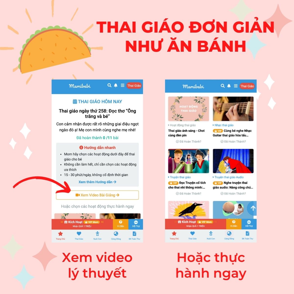 Các mom thân yêu ơi,

Đúng là thai giáo đơn giản như ăn bánh thật phải ko ạ? Mom nào muốn "ăn" cùng ad không hihi? 🥳🥳

Được nhiều mom góp ý, Mamibabi đã đưa danh sách video bài giảng lý thuyết ra phía ngoài để các mom dễ xem hơn. Giờ đây, để thai giáo cho bé, mom có thể chọn thực hành ngay bằng các hoạt động thai giáo hoặc nếu chưa hiểu rõ, có thể xem thêm video lý thuyết.

Các video này vẫn với phong cách của Mamibabi đó là ngắn gọn, không giải thích dài dòng, phong cách siêu dễ thương. Chỉ cần xem 1 lần là các mom có thể nắm được đầy đủ những kiến thức cơ bản về thai giáo, từ đó an tâm CHƠI và TƯƠNG TÁC với con yêu mỗi ngày.

Thích quá phải không nào? "Ăn bánh" ngay thôi 😍🥰