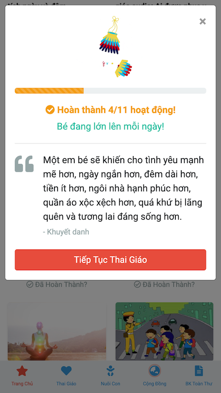 Niềm vui nho nhỏ chỉ có tại Mamibabi! 😍
Mỗi khi làm xong một hoạt động Thai giáo cho bé, mẹ hãy nhấn vào nút Đã hoàn thành để thấy điều bất ngờ nhé!

Happy Thai-giáo-ing!!! 🥰