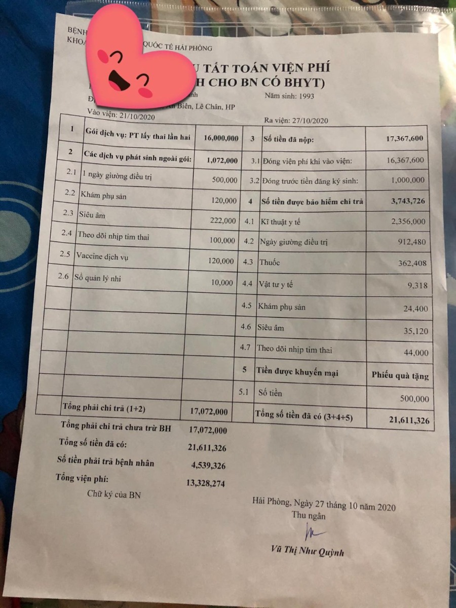 Giờ mới hồi để review cho các ce sinh tại Sản 2 ĐKQT - BV Phụ sản Hải Phòng. Mình đẻ mổ lần 2 ở sản 2 đkqt
- về bác sĩ mình thấy tất cả các bác sĩ và u tá điều dưỡng đêu rất nhiệt tình, nhẹ nhàng. Nhg mình có cơ duyên gặp bs Thuỷ nên mình đặt c ấy mổ luôn. Nhẹ nhàng nhiệt tình, hỏi han động viên. Mổ lần 2 nên mình rất run lúc lên bàn mổ ng run cầm cập. Các bs y tá trong kíp mổ lại động viên mình hỏi chuyện cho mình đỡ sợ. Lúc vệ sinh vs khám lại mọi ng cứ khen vết mổ đẹp. Lúc về phòng thì đau hay có vấn đề ck mình ra gọi y tá cũng vào rất nhanh, vệ sinh ngày 3 lần rất nhẹ nhàng. Hàng ngày sẽ có bs khám cho mẹ và bé. Thật sự k hối hận khi chọn sản 2.
- về viện phí thì như trên hoá đơn. Mình sử dụng thêm dv tiêm viêm gan b 120k, đo thính lực 200k, xét nghiệm máu gót chân 600k, chiếu đèn flashma 5 ngày 1500k nữa.
- e thấy chiếu xong mấy ngày thấy vết mổ khô nhanh, nhẹ hẳn.
- điểm trừ là cơm hơi nguội, e lại kén ăn nên toàn để lại cơm.
- về tư trang. Các mom mang quần áo mẹ và bé ngày ra viện. Còn lại mấy ngày trên viện từ bao tay, chân, quần áo mẹ con, giấy khô, giấy ướt, sữa cho bé, khăn mặt, bàn chải, bỉm mẹ, bỉm con bv phát hết. Nếu hết bỉm mình có thể xin thêm. Các mom có thể mang bình sữa của mình đi vì bình ở bv cho mượn lỗ hơi to k chống sặc. Mang thêm máy hâm sữa vì sữa con ăn k hết mình bỏ vào hâm. Quần áo khăn sữa đc phát nếu vé trớ, ị dính ra thì cầm ra đổi.
- còn các mom hỏi mổ chọn bs có đỡ đau hơn k thì e tl là k. Chẳng ai mổ mà k đau đâu. Mổ lần 2 đau dạ con thốn lắm. Chọn bs chỉ là tạo cho mình cảm giác yên tâm hơn thôi. Chọn trong giờ hành chính thì k mất thêm tiền.