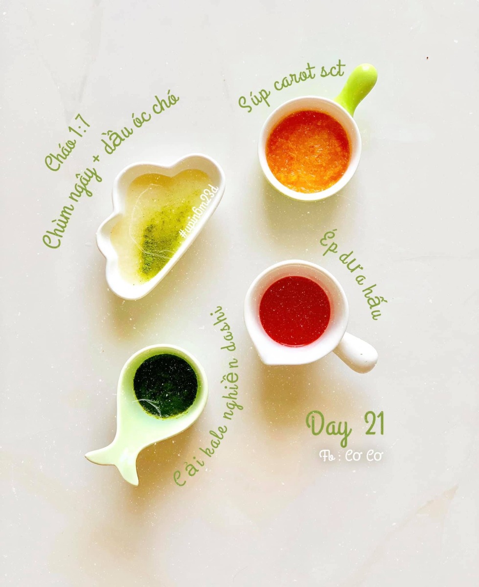 THỰC ĐƠN cho bé mới ăn dặm (5-6m+)
Mình xin chia sẽ tất tất tần những gì mình biết về ăn dặm, cách mình nấu, cách cho con ăn và kinh nghiệm mua những vật dụng cần thiết nhất, để tiết kiệm nhất cho các mẹ.

🍀ADKN

Ngoài ghế ăn và yếm ăn là 2 thứ phải có,thì kiểu Nhật sẽ cần : 

- Một bắt  ăn chính, 2 3 bát ăn phụ

- Muỗng ( 1-2 cái ) 

- Rây hoặc bộ chế biến có kèm chày cối ( mình thấy chày cối sdung nhiều ) 

- Khay trữ đông 

- Dầu ăn trộn cháo , kiểu Nhật chỉ toàn rau củ nên thiếu chất béo. Cần bổ sung dầu ăn cho con. ( cái này mình đc bác sĩ dinh dưỡng tư vấn khuyên dùng ) 

👉🏻👉🏻Mới ăn các mẹ cứ mua nhiêu đó trước, thiếu gì mua sau.

☘️☘️Sau 2 tuần nếu mẹ muốn đa dạng thực đơn hơn có thể mua thêm cac loai gia vị hữu cơ ( chuyên dùng cho bé ) như phô mai rắc, phô mai tách muối , bột chùm ngây, cải kale, dầu ăn, ...

Đổi món chính từ gạo sang các loại đậu, hạt, yến mạch, nui, mì....

🍀☘️☘️Cách mình cho bé ăn : 

-Ngày ăn một bữa sáng ( 9h30-10h ) ăn xong mình cho ti sữa luôn ( cho trọn vẹn một bữa ăn tránh ăn vặt bú vặt) 

-Nên tập thành thói quen luôn vì sau này khi tăng lên ngày 3 bưa ăn, mà cứ cách một tiếng ăn 2 tiếng bú thì mẹ vất lắm . 

-Lượng ăn minh tăng dần từ 5-7ml cho tới hết tháng đầu bé mình có thể ăn đc 50ml rùi( tỉ lệ cháo 1:10) có khi ăn hết có khi ko nha, mình ko ép bé. 

-Buổi chiều cho bé ăn thêm bữa phụ, rãnh thì làm các món quốc dân ( đậu hủ non, pudding trái cây,.. ) lười thì cứ bánh ăn dặm, sữa chua, trái cây nghiền hoặc ép cho bé. 

☘️☘️☘️☘️Cách nấu : 
Mình nấu sẳn dashi và cháo, trữ đông dùng dần trong 1 tuần. 

Mỗi sáng sau khi bé bắt đầu ngủ giấc đầu tiên tầm 8h-8h30 mình sẽ tranh thủ chuẩn bị.

Hôm đó nhà nấu món gì thì mình xén cho bé một miếng .( rau xanh hay củ gì đó )

Dashi và cháo rây sẳn mình lấy ra, bỏ vào nồi hấp cách thuỷ chung vs rau củ luôn. 

Hấp xong mình nghiền từng loại rau , củ có thể mix lại hoặc để riêng .

Vậy là xong một bữa rồi á, sau khi chụp sống ảo xong mình bỏ lại vào nồi hấp, lúc đó vẫn còn hơi nóng, giữ ấm ấm đợi bé dậy ăn. 

Đó là cách của mình, có mẹ nào có cách gì hay lẹ hơn cmt minh tham khảo với nha ❤️