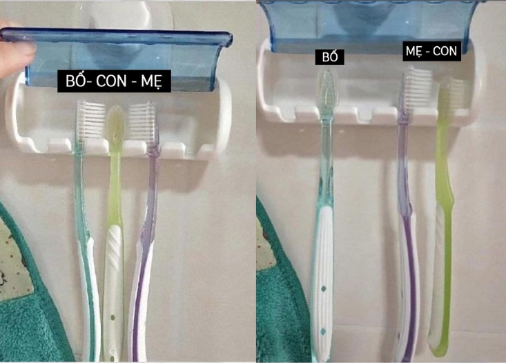 Suy nghĩ của tụi nhỏ đáng yêu làm sao. Mỗi ngày, con trai tui đánh răng xong sẽ xếp bàn chải như hình 1, còn nếu dỗi ba nó thì xếp như hình 2

Nhìn vào bức hình đính kèm, người ta có thể thấy bàn chải của bố xanh lá cây, của mẹ màu tím và của con màu xanh cốm. Khi đó, nếu gia đình vui vẻ thì bé sẽ xếp bàn chải của mình ở giữa. Bàn chải của bố mẹ hai bên chụm vào như cả nhà đang tâm tình với nhau. Tuy nhiên, nếu như bé giận dỗi bố thì lại có cách sắp xếp riêng. 😂