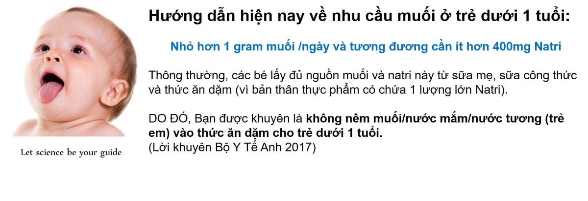 TRẢ LỜI CÂU HỎI BÉ ĂN LẠT QUÁ CÓ GÂY THIẾU HỤT NATRI VÀ GÂY ẢNH HƯỞNG ĐẾN SỨC KHỎE
Gần đây, tôi nhận được 1 số câu hỏi của cha mẹ quan tâm về việc có nên nêm gia vị vào thức ăn dặm cho bé dưới 1 tuổi không? Một số lo lắng: Liệu không nêm gia vị, bé ăn lạt quá có chán ăn không? Liệu bé ăn lạt quá có gây thiếu hụt natri và gây ảnh hưởng đến sức khỏe như phù não không?
NHỮNG ĐIỀU CHA MẸ NÊN BIẾT:
Trẻ dưới 1 tuổi số lượng chồi vị giác là nhiều gấp 3 lần so với người lớn. Do đó, trẻ sẽ nhạy cảm với độ mặn gấp 3 lần so với người lớn và cảm giác "mằn mặn" khi bạn nêm có thể là rất mặn đối với bé
QUY TRÌNH KHI BÉ TIẾP NHẬN VỊ MẶN TỪ VIỆC THÊM MUỐI VÀO THỨC ĂN
Muối cho vào thức ăn của bé sẽ tạo ra 2 ion: Clo và Natri. Trong đó, Natri sẽ phụ trách tín hiệu độ mặn lên chồi vị giác. Trẻ có gần 30,000 chồi như vậy để dẫn truyền tín hiệu vào 1 vùng tiếp nhận vị giác ở não. Tín hiệu này diễn ra rất nhanh. Bé sẽ hứng thú với thức ăn đó cho lần đầu. Nhưng, việc cho bé dưới 1 tuổi ăn thêm muối tiếp tục và lâu dài, có thể làm bé chịu ăn mặn và rất dễ rối loạn vị giác (ở đây là vị ngọt) dẫn đến biếng ăn sau đó.
Một số lo lắng khác là nhu cầu muối (natri) trẻ sơ sinh dưới 1 tuổi là dưới 1 gram (400mg Natri)/ngày. Lượng này rất nhỏ, trẻ có thể lấy đủ từ sữa và thực phẩm. Việc bổ sung thêm gia vị vào thực phẩm, nếu dư thừa sẽ tồn đọng trong máu hoặc đẩy xuống thận. Việc thận bé chưa hoàn chỉnh chức năng sẽ là một gánh nặng trong việc loại bỏ muối ra khỏi cơ thể.
LO LẮNG VỀ THIẾU HỤT NATRI DƯỚI 1 TUỔI
Việc thiếu hụt natri là rất hiếm ở trẻ khỏe mạnh vì khi bú mẹ hoặc uống sữa công thức đã cung cấp 1 lượng natri đủ. Hơn nữa, các thực phẩm bản thân cũng chứa 1 lượng natri không nhỏ, do đó, trẻ dưới 1 tuổi có thể nhận đủ Natri mà không cần phải thêm muối vào. 
Những trường hợp bé thiếu natri thường liên quan đến 1 bệnh lý nào đó hoặc đang được chuyên gia kê dùng thuốc/sữa bị hạn chế natri.
HƯỚNG DẪN HIỆN NAY VỀ NHU CẦU MUỐI TRẺ DƯỚI 1
Nhỏ hơn 1 gram muối /ngày và tương đương cần ít hơn 400mg Natri
Thông thường, các bé lấy đủ nguồn muối và natri này từ sữa mẹ, sữa công thức và thức ăn dặm (vì bản thân thực phẩm đã có chứa 1 lượng lớn Natri).
Do đó, bạn được khuyên là không nêm muối/nước mắm/nước tương (trẻ em) vào thức ăn dặm cho trẻ dưới 1 tuổi.
Trích dẫn: Hướng dẫn của Bộ Y Tế Anh dành cho cha mẹ 2017
CÂU HỎI: SAU 1 TUỔI, CÓ THỂ NÊM GIA VỊ CHO BÉ KHÔNG?
Sau 1 tuổi, cha mẹ có thể nên gia vị cho bé. Tuy nhiên, phải giới hạn trong mức cho phép theo độ tuổi như:
Bé 1-3 tuổi: Muối không quá 2 gram (800mg Natri)
Bé 4-6 tuổi: Muối không quá 3 gram (1200mg Natri)
Tôi đã có bài hướng dẫn về lượng muối và các loại gia vị khác như đường, nước mắm, nước tương, tỏi, hành, rau mùi. Các bạn xem lại bài trước đây của tôi để tham khảo lượng thêm vào cho các bé.