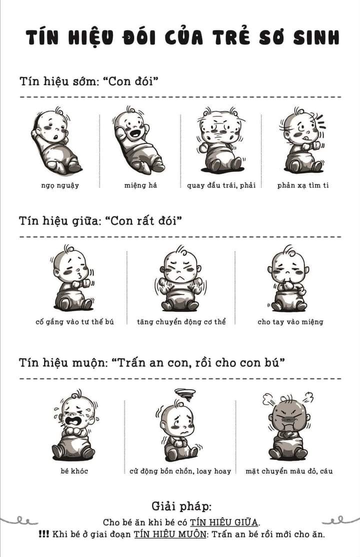 TÍN HIỆU ĐÓI CỦA BÉ SƠ SINH

Tín hiệu đói của trẻ sơ sinh chia làm 3 cấp độ.
😩 Tín hiệu sớm là khi bạn có thể nhẩn nha vắt sữa, rửa sạch đầu ti, hâm sữa trước khi cho con bú. Hoặc có thể cho bé bú luôn nếu muốn.

😩Tín hiệu giữa là tín hiệu mà lúc này bạn cần cho bé bú ngay lập tức vì lúc ấy đã rất đói rồi, chậm 1 vài nhịp thôi là có thể sang mức tín hiệu muộn, hay còn gọi là gắt bú.

😨 Tín hiệu muộn đây là tín hiệu cho thấy các bé rất đói, hoặc một số bé được cho ăn luôn nhưng do sữa chưa về kịp hoặc ngực mẹ ít sữa thì cũng sẽ có trạng thái gắt bú, tức là cứ nhét ti vào thì lại khóc lóc, đẩy ra và ưỡn người lên.

Rất nhiều mẹ khi thấy con ở mức này cứ nghĩ là con buồn ngủ nên lại dỗ cho con đi ngủ và không cho con ăn nữa, các bé khóc mệt có thể sẽ chịu ngủ 1 lúc nhưng sau khi cơn gắt qua đi, không còn buồn ngủ nữa thì lại dậy và khóc loạn lên vì đói. Mẹ lại tưởng con gắt ngủ và vòng luẩn quẩn bắt đầu.

Nên mẹ cần đọc đúng tín hiệu đói cho con từ mức Sớm và giữa, nếu vì lý do nào đó con rơi vào tín hiệu muộn, hãy trấn an con bằng cách bế đu đưa nhè nhẹ, thấy bé thả lỏng thì mới cho bé bú lại.

Còn con bạn thì sao? Tín hiệu đói của bé là gì? Chia sẻ cho các mẹ khác nhé