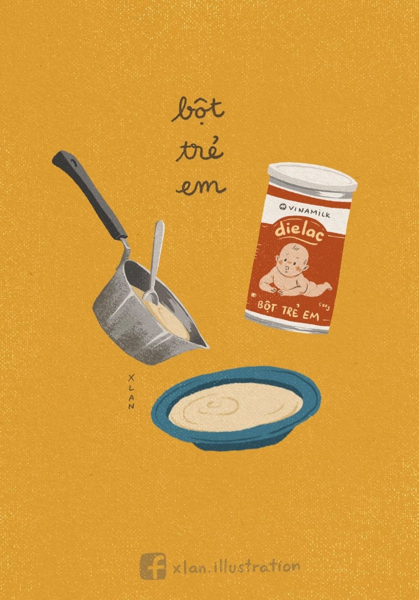 "Hồi bé ăn gì?"  

Mùi và vị có khả năng lưu giữ ký ức rất mạnh mẽ. Một hương thơm thoảng qua, một miếng bánh trên đầu lưỡi có thể khiến người ta bất ngờ rưng rưng nhớ lại ngày thơ ấu. Giống như nhà phê bình ẩm thực trong Ratatouille đã sững người khi cắn một miếng rau củ hầm có hương vị mà mẹ ông từng nấu.  

Hôm rồi mình mở ask trên insta với câu hỏi "Your childhood food?" Trong số gần trăm câu trả lời của các bạn, mình chọn ra những món mà mình thấy thân thuộc nhất để vẽ lại. Tạm thời bỏ qua những món ăn vặt đã được nhắc đến/ được vẽ rất nhiều gần đây như ô mai giun, kẹo C, kem túi, mì trẻ em..., bộ tranh này hướng đến những món ít "nổi tiếng" hơn, nhưng khi nghe đến tên thì mùi vị tuổi thơ ào ạt trở về.  
Mỗi người sẽ có một phiên bản "hồi xưa" khác nhau. Những món mà bạn được ăn hồi nhỏ có thể sẽ khác món mình ăn một chút. Nếu album này đánh thức ký ức hay ho nào trong bạn, thì cùng chia sẻ với mình và mọi người nhé. 

Cre: X.Lan
