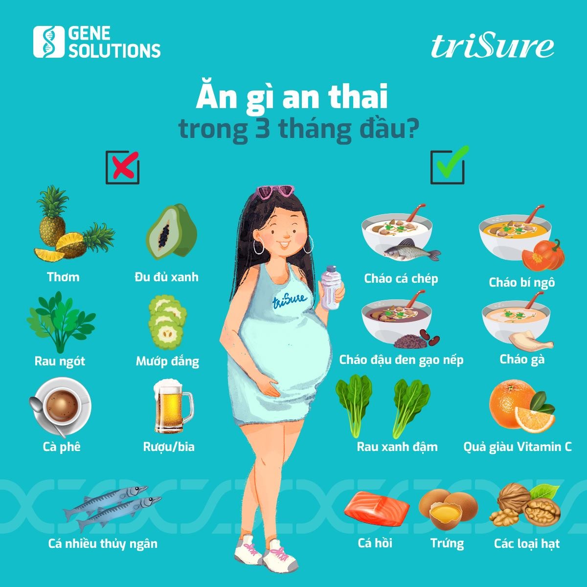 3 tháng đầu thai kỳ là giai đoạn nhạy cảm nhất. Đó là lý do, mẹ bầu cần cẩn trọng ăn uống để “bổ mẹ, khỏe con”🤰👶.

🥑🍊Chế độ ăn của mẹ nên đảm bảo ngon & lành với đầy đủ các chất dinh dưỡng để mẹ khỏe và thai nhi phát triển toàn diện.

❌Đặc biệt, mẹ cần lưu ý một số loại thực phẩm không tốt cho giai đoạn này, gây co thắt tử cung như: dứa, đu đủ xanh, rau ngót...