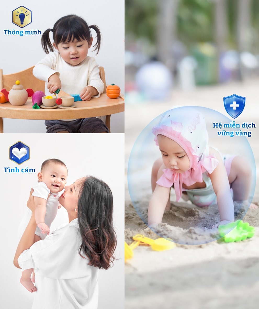 HÃY TẠO NÊN CHIẾC “KIỀNG 3 CHÂN” VỮNG CHẮC CHO SỰ PHÁT TRIỂN CỦA TRẺ
Một thống kê từ trung tâm nghiên cứu Pew, Mỹ đã cho thấy, nếu như năm 1965, người mẹ dành khoảng 10 tiếng/tuần còn người bố chỉ dành khoảng 2.5 tiếng/tuần để chăm sóc, trò chuyện và vui chơi cùng trẻ, thì sau đó khoảng 50 năm (vào năm 2016) thời gian người mẹ dành cho trẻ đã tăng lên 14 tiếng/tuần, còn người bố có sự cải thiện rõ rệt dành khoảng 8 tiếng/tuần với trẻ. Vì sao có sự thay đổi tích cực này? Bởi vì ngày càng có nhiều cha mẹ nhận ra vai trò quan trọng của mình trong những năm đầu đời của trẻ. Khoa học cũng đã chứng minh đây là giai đoạn quan trọng cho phát triển não bộ, cảm xúc cũng như liên quan mật thiết đến sức khỏe lâu dài của trẻ.

Do đó, cha mẹ cần sớm định hình và xây dựng chiếc kiềng với 3 chân hệ miễn dịch, thông minh trí tuệ và thông minh cảm xúc thật vững chắc. Cụ thể,

1. Trụ cột thứ nhất - Hệ miễn dịch: Là yếu tố then chốt để trẻ phát triển về mặt thể chất và có mối liên hệ mật thiết với việc phát triển trí thông minh (IQ) cũng như phát triển năng lực quản lý cảm xúc (EQ). Điều này đã được trường Y, ĐH Virginia kiểm chứng và chỉ ra rằng: Trong 6 năm đầu đời nếu trẻ nào có sức đề kháng yếu, thường xuyên bệnh tật sẽ có nhiều hạn chế hơn trong quá trình phát triển trí não đối với trẻ khác.

2. Trụ cột thứ hai - Thông minh cảm xúc: TS. Lisa Firestone, GĐ Viện nghiên cứu và giáo dục Glendon, đã cho biết: “Điều chỉnh cảm xúc tốt có thể giúp chúng ta tiên đoán được 54% sự thành công của một đứa trẻ trong các mối quan hệ, tính hiệu quả của công việc, giữ gìn sức khỏe và đòi hỏi cho chất lượng cuộc sống khi chúng trưởng thành.” Nghiên cứu của Lisa cũng cho biết thêm những trẻ được rèn luyện cảm xúc tốt có những điểm số tốt tại trường và biết lựa chọn tốt hơn trong các hoạt động.

3. Trụ cột thứ ba– Thông minh trí tuệ: khi nói đến trí tuệ, chúng ta thường nghĩ đến IQ, nghĩa là phải thông minh, làm được “ào ào” các bài toán khó... Nhưng, thực ra nó bao gồm việc trẻ cần được phát triển năng lực tư duy, đánh giá và phản biện để giải quyết một vấn đề.

CHA MẸ NÊN LÀM GÌ ĐỂ XÂY DỰNG “KIỀNG 3 CHÂN VỮNG CHẮC” CHO TRẺ

1. Dinh dưỡng quan trọng cho sự khởi đầu khỏe mạnh
Hippocrates - ông tổ của nền y học Phương Tây, từng nói “bệnh tật xuất phát từ đường ruột”. Dù câu nói này đã có từ cách đây hơn 2000 năm, nhưng đến nay nó vẫn còn nguyên giá trị và y học hiện đại một lần nữa cũng khẳng định điều này vì đường ruột con người là nơi nắm giữ khoảng 80% các tế bào miễn dịch của cơ thể.
Do đó, để giúp trẻ có khởi đầu khỏe mạnh, cha mẹ nên:

+ Cho trẻ bú mẹ hoàn toàn ít nhất trong 6 tháng đầu đời và sau đó tiếp tục cho con bú cùng với bổ sung thực phẩm thích hợp cho đến 2 tuổi.

+ Khuyến khích trẻ ăn đa dạng rau củ quả, đặc biệt là các thực phẩm hay thức uống có bổ sung lợi khuẩn. Trong đó, các chất xơ tan như PDX/GOS & FOS được xem là nguồn thực phẩm tốt cho các lợi khuẩn đường ruột.

+ Kết hợp ăn uống các loại thực phẩm, sữa chứa HMO để tạo nên bộ ba bảo vệ HMO - PDX/GOS & FOS giúp tạo ra các tác động miễn dịch ở ngoài đường tiêu hóa, từ đó tăng sức đề kháng cho trẻ.

+ Khuyến khích trẻ ăn cá, đặc biệt là các loại cá dầu như cá thu, cá hồi, lươn, cá chép khoảng 2 ngày/tuần để bổ sung chất béo omega-3 DHA tốt cho não bộ.

Ngoài DHA, gần đây chúng ta cũng thường nghe nhắc đến thành phần MFGM - thực ra đây là một hợp chất có trong sữa mẹ tự nhiên và nhiều loại sữa khác. Có vai trò chính là phát triển não bộ và hỗ trợ tăng cường miễn dịch. Đơn cử là, trong nghiên cứu của TS. Veereman cho thấy MFGM giúp tăng khả năng tập trung, điều hòa cảm xúc và hành vi ở trẻ nhỏ. Còn phức hợp protein có trong MFGM thì liên quan đến hỗ trợ tăng cường miễn dịch thông qua cân bằng nội mô ruột chống lại sự xâm nhập của vi trùng.

Với bằng chứng hiện tại, ba dưỡng chất quan trọng gồm HMO - PDX/GOS & FOS, DHA và MFGM có liên quan đến sự phát triển cân bằng hệ miễn dịch, IQ và EQ. Sự thiếu hụt những thành phần này có thể ảnh hưởng đến sự phát triển cân bằng của trẻ.

2. Xây dựng sự tự tin và thành công ở trẻ

a. Trẻ nhỏ học từ trải nghiệm, không có đúng sai, chỉ là trải nghiệm.
Trẻ nên được khuyến khích tham gia vào mọi hoạt động. Trong những hoạt động này trẻ cần là chính trẻ và trẻ cũng chính là người nhận ra vấn đề và giải quyết chúng.

VD: Khi trẻ không hài lòng một điều gì đó, trẻ thường đập đầu vào gối. Hành vi này không phải "cách gây áp lực" mà chúng ta hay nghĩ. Đơn giản là thể hiện 1 "sự rối bời" trong tìm cách giải quyết của trẻ. Lúc này cha mẹ cần bình tĩnh, giữ con lại bằng hai tay để cho trẻ lấy lại sự chú ý - tín hiệu này cho trẻ biết bạn đang lắng nghe. Hãy hỏi con bằng những câu hỏi để giúp trẻ diễn đạt vấn đề rõ hơn. Có những câu hỏi cần câu trả lời của trẻ, nhưng cũng có những câu hỏi chỉ cần mang tính dẫn dắt để trẻ mở rộng diễn đạt. Khi trẻ bình tĩnh, hãy cho trẻ biết việc đập đầu vào gối là không cần thiết, khi cần con hãy nắm tay mẹ, mẹ sẽ trả lời con.

b. Luôn cho trẻ được đưa ra ý kiến cũng như tôn trọng ý kiến của trẻ

c. Tranh luận với trẻ, không có ý kiến sai hay đúng, chỉ là cách mở rộng vấn đề.

Khi tranh luận, bạn nên lắng nghe ý kiến của trẻ, hơn là dùng sự la hét, ép buộc trẻ phải đồng ý với ý kiến của bạn. Tại sao nó quan trọng? Vì khi đó trẻ cảm thấy trẻ được lắng nghe, trẻ sẽ tự tin tư duy và cho ý kiến hơn. Đó là cách mà bạn giúp trẻ trở nên thông minh hơn. Nếu bạn ép buộc trẻ nghĩ và làm theo bạn thì trẻ chỉ nhận lấy quan niệm từ bạn hơn là nhật ra sự thật của vấn đề.

d. Dạy trẻ ngôn ngữ để trẻ diễn đạt cảm xúc cũng như điều trẻ muốn
Trẻ nhỏ thường chưa đủ ngôn ngữ để diễn tả điều trẻ muốn. Do đó, các bé thường dùng các hành vi phi ngôn ngữ như khóc, la hét, ăn vạ.. để đòi bố mẹ đáp ứng. Để giải quyết vấn đề này, bên cạnh khuyên nhủ và nói cho trẻ hiểu bạn có thể kết hợp với đọc sách và kể chuyện để trẻ nhận ra các cảm xúc này, từ đó trẻ sẽ biết cách diễn đạt cảm xúc tốt hơn.

Notes
Veereman-Wauters G, Staelens S, Rombaut R, Dewettinck K, Deboutte D, Brummer RJ, Boone M, Le Ruyet P. Milk fat globule membrane (INPULSE) enriched formula milk decreases febrile episodes and may improve behavioral regulation in young children. Nutrition. 2012 Jul;28(7-8):749-52.
Ambrożej, D., Dumycz, K., Dziechciarz, P., & Ruszczyński, M. (2021). Milk Fat Globule Membrane Supplementation in Children: Systematic Review with Meta-Analysis. Nutrients, 13(3), 714.