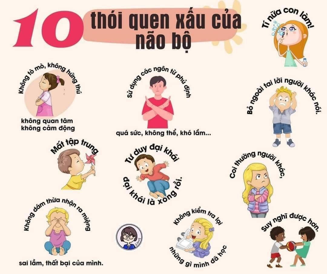 🧠 NUÔI DẠY NÃO TRẺ GIAI ĐOẠN 3-7 TUỔI

Có nhiều lầm tưởng rằng cứ cho trí não của trẻ hoạt động thì "trí não sẽ phát triển, trẻ sẽ thông minh" nên ngay từ khi con 4,5 tuổi đã cùng con ngày đêm viết chữ, làm toán... Đấy là suy nghĩ chưa đầy đủ.

Não trẻ muốn phát triển cần tổng hợp cả 3 yếu tố:
- 1 là sự tư duy.
- 2 là bản năng của não hay nói cách khác là bản năng ham muốn hiểu biết, học hỏi.
- Cuối cùng một điều quan trong nữa là bé có thích hay không? Nếu bé không thích thì tất cả những kiến thức dù bé có được truyền đạt thì não cũng không tiếp nhận, không hoạt động tích cực (đây là một vấn đề đã được chứng minh).

Thêm một điểm quan trọng nữa trong sự phát triển của não giai đoạn 3-7 tuổi của trẻ, đó chính là các tế bào thần kinh không cần thiết sẽ giảm dần. Các đường liên kết não hay còn gọi các đường truyền dẫn thông tin sẽ tăng lên, não trẻ sẽ ngày càng giống với não người trưởng thành.

Giai đoạn 3-7 tuổi thì quan trọng nhất là việc giảm các tế bào não không cần thiết và tăng cường các liên kết não, để trẻ có thể từ những thông tin mà não đang có -> tổng hợp lại, tư duy và xử lý vấn đề.
Chính vì vậy, điều cần thiết nhất trong giai đoạn này không phải là truyền đạt sớm các kiến thức hoặc kĩ thuật, mà cần giúp trẻ xây dựng được những thói quen tốt và từ bỏ các thói quen xấu cho não.

--------------------------------------------
10 THÓI QUEN XẤU CHO NÃO CẦN TỪ BỎ:

1️⃣ Không tò mò, không hứng thú, quan tâm và không cảm động:

Nếu như con bạn thường xuyên nói: "con chẳng thấy hay ho gì cả, con không quan tâm, thế nào cũng được" thì đó chính là 1 dấu hiệu cần chú ý.
Bởi có hứng thú, có cảm động thì đó mới là chìa khóa đầu tiên để vận hành não bộ. Khi thấy trẻ như vậy, bố mẹ thầy cô nên nỗ lực để thu hút sự chú ý, quan tâm của trẻ.

Một dấu hiệu nhận nhận biết nữa đó chính là nụ cười, chúng ta hãy quan sát xem con mình có hay cười hay không? Nếu trẻ hay cười thì các suy nghĩ tiêu cực, suy nghĩ phủ định khó mà xuất hiện được, các tâm trạng xấu cũng khó mà hình thành, khi trẻ cười sẽ có tác dụng giúp suy nghĩ tích cực và nâng cao hiệu suất suy nghĩ.

Chính vì vậy, bước đầu tiên giúp trẻ xây dựng thói quen luôn tò mò, luôn hứng thú, luôn đồng cảm là hãy cười thật nhiều vào sáng sớm mỗi ngày.

2️⃣ Thói quen sử dụng các ngôn từ phủ định như quá sức, không thể, khó lắm...

Trẻ trong giai đoạn này rất hay sử dụng các từ có ý nghĩa tiêu cực như khó lắm, con không làm được đâu... nguyên nhân sâu xa là do não đã phản ứng thái quá để bảo vệ bản thân, một hành động rất bản năng nhằm tránh thất bại hoặc chọn giải pháp khác vui vẻ, dễ chịu hơn.

Khi trẻ phát ngôn ra những ngôn từ đầy tính phủ định như thế thì một cách tự nhiên, khả năng tư duy, khả năng lí giải của não cũng tự động chùng xuống.

Não trẻ sẽ đưa ra các mệnh lệnh như: "thôi dừng lại ngay, đừng có làm...". Hậu quả của các ngôn từ phủ định to lớn hơn nhiều so với trí tưởng tượng của chúng ta.

Chính vì vậy, trong giai đoạn này bố mẹ hãy giúp giúp trẻ từ bỏ thói quen suy nghĩ tiêu cực, khuyến khích trẻ thử sức mà không ngại thất bại. Khi con làm chưa đúng bố mẹ cũng đừng nên đánh giá hay chỉ trích.

3️⃣ Thói quen: Tí nữa con làm!

Khi trẻ nói: "tí nữa con làm" thì cũng đồng nghĩa với việc là trẻ không muốn làm. Điều đó cũng có nghĩa là nếu trẻ nói quá nhiều lần câu “tí nữa con làm” thì trẻ sẽ không hình thành tư duy tự mình hành động.
Phần não đảm nhận chức năng tư duy, ghi nhớ sẽ không thể vận hành hiệu quả, đặc biệt là trẻ sẽ không có ý muốn hoàn thành bất cứ một hoạt động nào, dần dẫn não trẻ sẽ trở thành một não có thói quen luôn trì hoãn.

Chính vì vậy, khi bố mẹ thấy con hay nói câu này thì hãy suy nghĩ xem vì sao con lại hay nói như vậy. Giả sử nếu con không chịu dọn dẹp mà mải chơi điện tử hãy nhắc con dọn xong, ăn cơm rồi hãy chơi, nếu con ghét phải dọn dẹp một mình thì hãy mở một cuộc thi xem ai dọn dẹp nhanh hơn... Nói cách khác muốn trí não của con phát triển, hãy giúp trẻ từ bỏ thói quen trì hoãn này ngay từ khi còn nhỏ.

4️⃣ Thói quen mất tập trung:

Não của con người tùy vào việc đang suy nghĩ cái gì mà năng suất sẽ khác nhau. Ví dụ, trong một cuộc thi marathon nếu như vận động viên nghĩ "thôi đằng nào mình cũng chẳng được giải , kiểu gì người hạng nhất đã về tới đích rồi" thì tự nhiên sức chiến đấu sẽ giảm, tốc độ sẽ bị giảm xuống.

Tuy nhiên, nếu như trong 10 mét cuối cùng não suy nghĩ rằng: đây là 10 mét cuối cùng cần nỗ lực hơn thì tự nhiên sức chiến đấu sẽ tăng lên gấp bội.

Khả năng tập trung quan trọng ở chỗ, khi não chuyển sang suy nghĩ một việc khác thì năng suất tư duy sẽ giảm đi nhiều.

Nếu như con bạn không thể tập trung vào bất cứ việc gì, luôn chuyển sang làm việc khác ngay lập tức thì đó là một dấu hiệu đáng báo động. Bố mẹ cần check lại xem có yếu tố nào khiến trẻ không thể tập trung như là ti vi ipad hoặc bố mẹ cũng như người lớn đã vô tình phá vỡ sự tập trung của con hay không?

5️⃣ Thói quen tư duy đại khái, đại khái là xong rồi.

Khi trẻ nghĩ "đại khái là xong rồi" thì có nghĩa là bản năng "tự bảo vệ mình" của não đang hoạt động, mà nguyên nhân ở việc trẻ muốn tự thả lỏng, muốn được làm việc khác vui vẻ hơn.

Tuy nhiên, thói quen đại khái là xong rồi cũng cực kì nguy hiểm như các thói quen trên, nó cũng đồng nghĩa với việc là chưa hoàn thành xong nhưng đã muốn dừng lại.

Khi trẻ chuyển sang một hoạt động mới thì não trẻ sẽ dần dần quên hết các hoạt động sắp hoàn thành trước đó.

Khi con trẻ nói rằng: "đại khái là gần xong rồi" hoặc "đại khái là con hiểu hết rồi" thì bố mẹ hãy hỏi lại con rằng: "Vậy phần con chưa xong là phần nào? Cái con chưa hiểu là cái gì.. ." và cùng trẻ xây dựng thói quen làm cho đến cùng.

6️⃣ Bỏ ngoài tai lời người khác nói.

Quan tâm đến câu chuyện của người khác, và đồng cảm với cậu chuyện của người khác là một thói quen quen nhất thiết cần phải được xây dựng. Thêm vào đó, nếu trẻ không thể chăm chú lắng nghe lời của người khác thì khi trẻ đi học, đi tập luyện thể thao trẻ cũng không thể chăm chú lắng nghe lời của huấn luyện viên, lời của giáo viên và tất nhiên là như vậy trẻ sẽ không thể tiến bộ được.

Tuy nhiên, một trong những lí do lớn khiến trẻ có thói quen bỏ ngoài tai lời người khác nói là do cách mẹ mắng trẻ mỗi khi sai.

Do không kiếm chế được mà mẹ nhiều khi mắng trẻ liên miên, nghĩ ra cái gì là mắng cái đó. Khi bị mẹ mắng như vậy thì bản năng tự bảo vệ mình của trẻ sẽ hoạt động và trẻ bắt đầu học thói quen giả vờ lắng nghe nhưng tâm trí sẽ hướng vào việc khác.

Và khi trẻ để tâm trí hướng sang việc khác thì cho dù mẹ có mắng thế nào đi nữa, cô có giảng thế nào đi nữa thì cũng không có hiệu quả. Và dần dần trẻ học cách bỏ ngoài tai lời người khác nói.

Để trẻ học được thói quen tập trung lắng nghe lời người khác nói thì việc quan trọng nhất là mẹ không được mắng trẻ theo cảm tính, cần phải bình tĩnh. Và một điều quan trọng nữa là mẹ cũng không được ra lệnh cho bé theo cách làm cái này đi, làm cái kia đi. Bởi như vậy, hoạt động của khu neuron thần kinh tự thưởng sẽ bị cản trờ.

7️⃣ Coi thường người khác, cho người khác là ngu dốt hơn mình.

Nghiên cứu về não đã cho thấy rằng trong "việc truyền đạt suy nghĩ, tâm tư tình cảm của mình cho đối phương trong giao tiếp" thì phụ thuộc vào việc "bắt sóng" của các tế bào thần kinh trong khu core center dynamic.

Để có thể bắt nhịp được với đối phương khi nói chuyện thì trẻ cần tập trung suy nghĩ, tình cảm, và phải đứng trên lập trường của đối phương để suy nghĩ, ngoài ra còn cần phải thừa nhận đối phương và tôn trọng họ.

Trong thời đại ngày nay, con người thiên nhiều về đấu đá, ganh đua thành phe thắng, phe thua...họ khó chấp nhận việc người khác hơn mình hay mình thua người khác thành ra khó có thể có một thái độ tôn trọng người khác. Chưa kể còn được bơm thêm bởi sự so sánh với anh chị em, với con nhà người ta..

Do vậy vô hình chung não đã được lập trình để không thể giao tiếp với người khác.

Tuy nhiên, khả năng giao tiếp lại vô cùng cần thiết trong xã hội từ lúc còn đi học cho đến khi đi làm, và đa phần các công ty ngày nay đều muốn tuyển những con người có khả năng giao tiếp và coi đây là yếu tố hàng đầu...

Chính vì vậy ngay từ khi còn nhỏ bố mẹ cần tránh những phát ngôn coi thường hạ thấp người khác trước mặt trẻ như: không được thua bạn kia hay cô giáo này chẳng ra gì cả, phải học kì sau phải nâng cao thành tích lên, con mà học dốt là mai mốt đi bán vé số, con nhà mình là thông minh nhất, giỏi nhất…..mà thay vào đó cần học cách khen ngợi, nhìn vào mặt tốt của người khác, tôn trọng người khác trước mặt trẻ.

8️⃣ Không kiểm tra lại những gì mình đã học.

Não của con người có 1 thói quen xấu đó là những thông tin được mặc định là không quan trọng, những việc được nhớ nửa vời sau 3 ngày sẽ tự động quên hết.
Để não không thể quên thì hãy dạy cho trẻ thói quen kiểm tra lại, ôn tập lại những kiến thức mình đã học cho đến khi trẻ có thể lý giải hoàn toàn, lý giải sâu bản chất của vấn đề.

Não trẻ còn có một thói quen xấu nữa là luôn hưng phấn với những điều mới lạ, thông tin mới lạ. Chính vì vậy nếu trẻ luôn chỉ thích chạy theo học hỏi những cái mới thì những kiến thức cũ sẽ dần dần bị xóa tự động.
Để não của trẻ được phát triển tốt trong giai đoạn này thì bố mẹ có thể tập cho thói quen ôn bài, nói ra thành miệng những gì mình đã học hoặc viết lại những gì mình đã lý giải.

9️⃣Không dám thừa nhận ra miệng sai lầm, thất bại của mình.

Nếu như não không làm rõ ra được các thông tin cơ bản như: "bao giờ, làm gì, như thế nào" thì các chức năng của não sẽ không phát huy hết hiệu quả.

Do vậy nếu đặt ra một mục tiêu cụ thể thì năng suất hoạt động của não sẽ mạnh hơn rất nhiều. Tức là để tài năng của trẻ được phát triển thì trẻ phải tự mình nhìn nhận những điểm mình còn thiếu, xác định được vấn đề cần cải thiện.

Ở bước đầu tiên: xác định những gì mình còn yếu, còn thiếu là chính là yếu tố đầu tiên và cũng là quan trọng nhất, trẻ cần phải dũng cảm và thật thà với chính mình và mọi người. Chấp nhận cả thành công và thất bại, làm sai không đổ lỗi cho người khác.

Để làm được điều này đòi hỏi bố mẹ cần nỗ lực, chấp nhận trẻ cả ở điểm tốt và xấu, với những thất bại của trẻ cần phân tích cùng trẻ là con làm được đến đâu, vì sao lại chưa được, còn thiếu cái gì...

🔟 Suy nghĩ được hơn

Con người hay có xu hướng suy nghĩ cân nhắc được và mất trước khi thực hiện 1 hành động nào đó. Tuy nhiên, chính cái suy nghĩ cân nhắc được mất này sẽ cản trở cái tâm lý dồn hết sức mình khi hành động.
Nếu không có suy nghĩ "tự mình làm thôi" thì các tế nào thuộc khu thần kinh tự thưởng sẽ không hoạt động.

Đây là những thói quen theo đa phần số đông nhé! Quan sát và điều chỉnh cho con để duy trì những thói quen tốt cho não bộ nhé!

Nguồn: Ms. Tú Trang