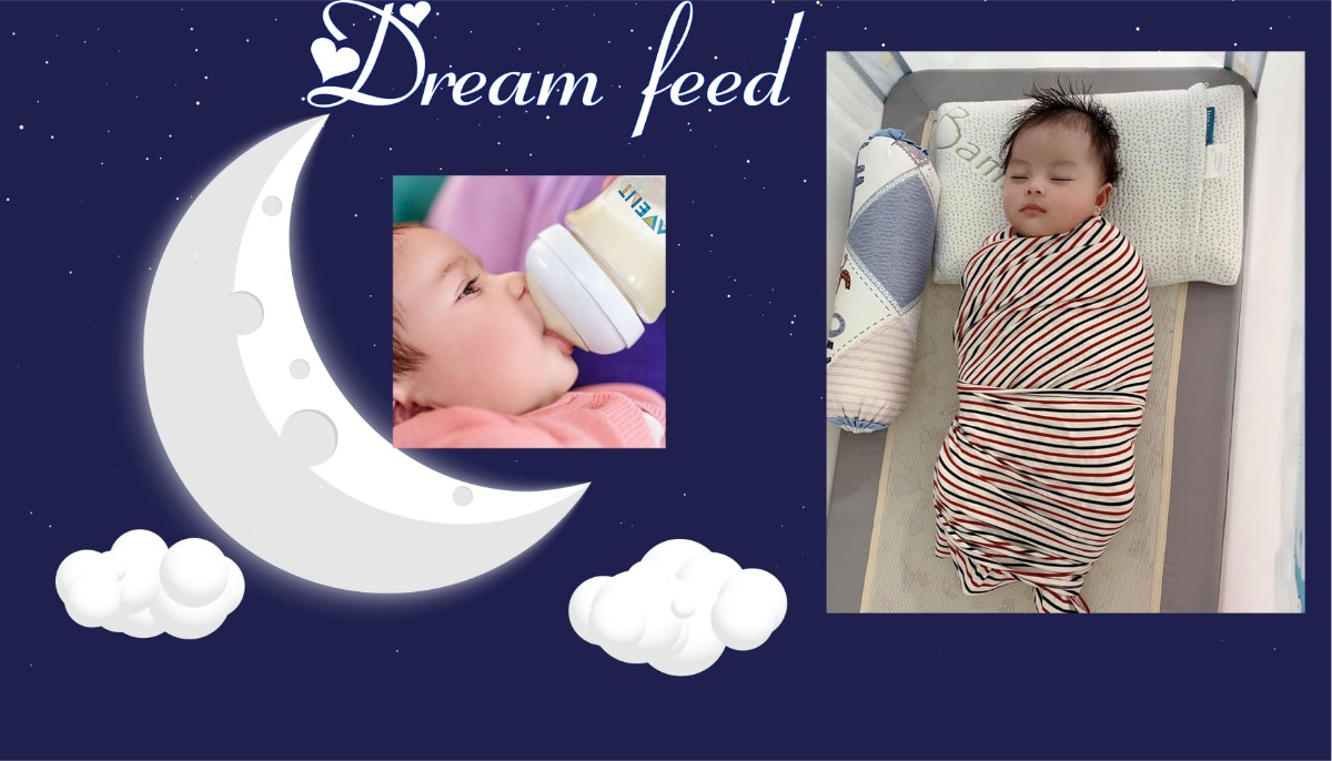 **Dreamfeed (df) - Ăn trong mơ **  **Mục đích: **  Ăn trong mơ giúp bé ngủ dài thêm 3-4h nữa giúp mẹ có một giấc ngủ tương đối trước khi phải thức dậy buổi đêm để cho con ăn. Đây không phải biện pháp ăn bù nếu ban ngày ăn không hiệu quả , bởi nếu tiếp tục df mà ăn ban ngày k tốt thì vấn đề ăn sẽ càng khó khắc phục  Thời gian thực hiện:  Sau khi con ngủ liên tục được trên 2h, tức là khoảng 22h - 23h. Lúc này bé đã trải qua ít nhất 8 chu kì REM nhịp nhàng, bé đã ngủ vào giấc sâu và không dễ bị tỉnh dậy dẫn đến khó ngủ lại.   Không thực hiện df sau 23h30, nhất là khi mẹ đã ngủ rồi thì k nên thức dậy để thực hiện df. Sức khỏe và giấc ngủ của mẹ cũng quan trọng k kém của con  **Cách thực hiện: **  Mẹ k đánh thức con mà nhỏ 1 vài giọt sữa lên môi, bé theo bản năng sẽ vừa mút vừa ngủ và ăn trọn vẹn 1 bữa ăn mà vẫn ngủ say.  Nếu bé bú bình thì mẹ k cần bế con lên, chỉ đặt núm bình chạm môi và chờ con mút  Con vừa ngủ sâu vừa ăn nên con ăn chậm và ít nuốt phải hơi, nên nếu thấy con vẫn ngủ tốt sau đó thì mẹ k cần vỗ ợ hơi cho con sau khi ăn df Chỉ thực hiện duy nhất 1 lần df 1 đêm, còn lại để con tự dậy ăn theo nhu cầu  Khi nào ăn trong mơ k hiệu quả: - Sau khi df bé tỉnh dậy và không hoặc khó ngủ lại - Bé nôn trớ - Sau khi df bé lại dậy nhiều lần hơn do hệ tiêu hóa bị kích hoạt: bé nhanh đói hơn, hoặc ăn trong mơ khiến bé tè và ị - Df nhưng 2h sau bé lại dậy tiếp và khó ngủ lại - Nếu bé ngủ quá sâu, k có tín hiệu mút bản năng  => Với những trường hợp này, mẹ k thực hiện df nữa mà chờ bé tự tỉnh dậy và cho ăn đêm như bình thường  Nguồn: Bố Ken