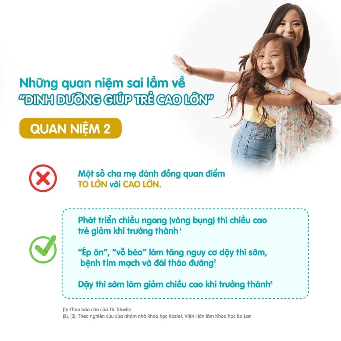 DINH DƯỠNG KÉM CÓ THỂ LẤY MẤT 20 CM CHIỀU CAO TỐI ƯU CỦA TRẺ

Đây là bằng chứng mới nhất cho câu hỏi liệu gen di truyền hay dinh dưỡng, đâu là yếu tố quan trọng cho chiều cao của trẻ? Quyết định ở giai đoạn nào? Nghiên cứu được dẫn đầu bởi GS. Ezzati, ĐH Imperial College London sau khi đánh giá gần 65 triệu trẻ em trên toàn thế giới, vừa được công bố trên tạp san y khoa nổi tiếng Lancet đầu tháng 11 này. 

DINH DƯỠNG VÀ DI TRUYỀN TRÊN CHIỀU CAO

“Cha mẹ lùn, con lùn. Cha mẹ cao, con cao.” Liệu đó có phải là số phận! Mỗi đứa trẻ được sinh ra đều mong đợi đạt được chiều cao tối ưu kì vọng bởi di truyền của cả cha mẹ. Con số này có thể tính đơn giản như sau:

• Bé trai = ([chiều cao của cha] + [chiều cao của mẹ])/2 + 6.5cm (+/- 8.5cm).
• Bé gái = ([chiều cao của cha] + [chiều cao của mẹ])/2 - 6.5cm (+/- 8.5cm) 

Tuy nhiên, con đường để đạt chiều cao kì vọng này và phần cm được cộng (+) hay bị (-) có ảnh hưởng lớn bởi yếu tố môi trường. 

Theo nghiên cứu của GS. Ezzati đã nhấn mạnh yếu tố môi trường quan trọng xuyên suốt quy trình này là dinh dưỡng đúng- nó không chỉ quan trọng ở giai đoạn trước 5 tuổi như nhiều cha mẹ thường quan tâm, mà là cả quy trình trước 19 tuổi. Đây là nghiên cứu có giá trị cao về bằng chứng khoa học vì có đến 200 quốc gia tham gia, từ những quốc gia có chỉ số chiều cao trung bình thuộc dạng cao nhất thế giới ở Âu Châu như Hà Lan, Đan Mạch,… đến những quốc gia có chiều cao khiêm tốn hơn ở các khu vực như Châu Mỹ La Tinh, Đông Nam Á. 

NHỮNG QUAN NIỆM SAI LẦM VỀ “DINH DƯỠNG GIÚP TRẺ CAO LỚN”

1. Quá chú tâm đến những thực phẩm dinh dưỡng giúp tăng chiều cao mà bỏ quên cả quy trình dinh dưỡng cái mà cần đúng và đa dạng bởi vì sự phát triển chiều cao không chỉ dựa trên một loại thực phẩm riêng biệt nào. Hơn nữa, cũng không có bằng chứng nào nói rằng ăn 1 loại thực phẩm nào nhiều sẽ giúp trẻ cao lớn. 

2. Một số cha mẹ đánh đồng quan điểm to lớn với cao lớn. Họ tự hào: “con em to bự nhất lớp. Tuy nhiên, điều này được chứng minh ngược lại đặc biệt với các bé sau 2 tuổi: trẻ càng phát triển chiều ngang (vòng bụng) thì chiều cao trẻ giảm khi trưởng thành. Điều này được nhấn mạnh trong báo cáo của TS. Stovitz. Việc nắm giữ quan niệm sai lầm này đã làm nhiều cha mẹ thường ép hay dụ trẻ ăn bằng mọi cách. Nuôi con bằng cách “vỗ béo” chỉ làm bé tăng nguy cơ dậy thì sớm, các bệnh tim mạch và đái tháo đường, chứ không giúp trẻ cao lớn hơn khi trưởng thành. Trẻ dậy thì sớm cũng có chiều cao giảm khi trưởng thành, theo nghiên cứu của nhóm nhà khoa học Kozieł, Viện Hàn lâm Khoa học Ba Lan. 

3. Bổ sung canxi giúp trẻ cao lớn. Một số cha mẹ bổ sung canxi vô tội vạ cho trẻ vì mong trẻ cao hơn. Điều này không những không hiệu quả, mà có thể ảnh hưởng đến sức khỏe của trẻ nhỏ như vấn đề về thận, tim mạch nếu dư thừa. Bổ sung canxi từ thuốc hay TPCN là không nên trừ khi có lời khuyên của chuyên gia.

Thực ra, có khá nhiều thực phẩm chứa canxi trong tự nhiên. VD, Sữa được biết là nguồn can-xi dồi dào. Ngoài ra, sữa cũng chứa vitamin D và axit amin thiết yếu- những tổ hợp chất dinh dưỡng giúp cơ thể hấp thụ hiệu quả canxi vào cơ thể. Canxi tự nhiên từ thực phẩm là dạng cơ thể trẻ dễ hấp thụ và không có nguy cơ bị dư thừa. Ngoài sữa, cũng có những thực phẩm khác cũng giàu canxi như phô mai, tôm, cá… 

4. Ăn nhiều thịt, và uống nhiều sữa giúp trẻ thêm cao. Đây cũng là suy nghĩ chưa đúng. Khi thu nạp nhiều hơn nhu cầu của cơ thể dù chất dinh dưỡng có tốt đến đâu đều không tốt. Sự phát triển chiều cao của trẻ có thể cần nguồn nguyên liệu như axit amin thiết yếu từ chất đạm thịt cá hay canxi từ sữa, nhưng quá dư thừa có thể gây ra nhiều vấn đề. Bằng chứng cũng cho thấy chế độ ăn quá dư thừa đạm trước 6 tuổi có thể ảnh hưởng đến cân nặng và tích lũy mỡ trong tương lai của trẻ. Hay, uống nhiều sữa trong ngày có thể ảnh hưởng đến lượng ăn của trẻ và giảm tính đa dạng của thực phẩm. Do đó, lượng sữa nên thay đổi tùy vào giai đoạn phát triển của trẻ. Trẻ 1-2 tuổi nên duy trì không quá 500mL/ngày các loại. Trẻ từ 2 tuổi, sữa được xem là 1 khẩu phần dinh dưỡng phụ hằng ngày khoảng 200-300ml/ngày, có thể lựa chọn những loại sữa có bổ sung thêm những dưỡng chất khác để tăng nguồn dinh dưỡng cũng như sự đa dạng

HIỂU ĐÚNG ĐỂ GIÚP TRẺ PHÁT TRIỂN CHIỀU CAO TỐT NHẤT 

1. Bổ sung vitamin D đầy đủ cho trẻ.

2. Trẻ cần đảm bảo chế độ dinh dưỡng đúng. 

Nên đa dạng nguồn đạm cho trẻ trong bữa ăn hàng ngày và trong tuần. VD. mỗi tuần, trẻ có thể cần 2 ngày thịt bò, heo, 2 ngày cá và hải sản, 2 ngày thịt gà, gia cầm hay trứng và 1 ngày trẻ có thể lấy đạm từ những nguồn khác như các loại đậu, đậu hủ hoặc hải sản.

3. Bảo vệ hệ tiêu hóa trẻ luôn khỏe mạnh là cách hiệu quả để giúp trẻ hấp thụ tốt vì đây là nơi tiếp nhận – cung cấp chất dinh dưỡng cho toàn cơ thể. Hệ tiêu hóa khỏe có sự đóng góp phần lớn của những lợi khuẩn đường ruột. Để giúp phát triển và cân bằng các lợi khuẩn đường ruột, trẻ có thể dùng các loại thực phẩm, sữa chua hoặc sữa uống tiện lợi chứa lợi khuẩn và chất xơ tan như HMO. 

4. Nhiều cha mẹ quan tâm liệu có những cột mốc nào cần theo dõi tăng trưởng của trẻ. Bên dưới là số cột mốc quan trọng cha mẹ có thể chú ý đánh giá và đo đạc tăng trưởng chiều cao của trẻ- đây chỉ là gợi ý để cha mẹ hiểu liệu tiến trình của trẻ có gì khác lạ không. Sự khác lạ của nó không nói lên trẻ có vấn đề, mà chỉ cho cha mẹ biết khi nào cần đặt câu hỏi cho bác sĩ của trẻ. Đây là những cột mốc:

Sau sinh -->10 ngày sau sinh --> 16 tuần sau sinh --> giữa 6-8 tháng tuổi --> khi trẻ 18 tháng tuổi --> khi trẻ 3 tuổi --> khi trẻ 5 tuổi --> khi trẻ 7 tuổi --> khi trẻ 11 tuổi.  
Tại bất kì một thời điểm nào sau 8 tháng tuổi trong chuỗi trên, cha mẹ nên theo dõi thêm ít nhất 2 thời điểm trong 6 tháng tiếp theo để hiểu xu hướng tăng trưởng của trẻ. Nếu tăng trưởng của trẻ giảm hoặc có xu hướng đứng quá lâu, hãy đặt vấn đề với chuyên gia. 

5. Hạn chế tối thiếu các yếu tố có thể “làm trẻ lùn” sau đây: 
• Cân nặng quá lớn sau 2 tuổi
• Sử dụng trên 2 tiếng/ngày các thiết bị điện tử, chủ yếu điện thoại hay ipad
• Các loại thức ăn không lành mạnh như nước ngọt, bánh kẹo, và thức ăn nhanh.

6. Vận động hợp lý sẽ giúp kích thích sự phát triển chiều cao. Lối sống năng động cũng giúp hoat động của lợi khuẩn đường ruột trẻ tốt hơn, thèm ăn, và giảm nguy cơ thừa cân béo phì. 

• Do đó, các bé dưới 5 tuổi khuyến khích nên có lối sống năng động mỗi ngày. Để đạt được điều này, trẻ chỉ cần tránh sử dụng thiết tử điện tử (TV, Ipad, điện thoại) trên 60 phút/ngày.  

• Trẻ từ 5 tuổi có thể giới thiệu để tham gia 1 loại hình thể thao bài bản thích hợp như bơi lội, đá bánh, học võ…  Chỉ cần duy trì ít nhất 60 phút/tuần (5-10 tuổi), 90 phút/tuần (trẻ trên 10 tuổi).

Notes
Marchand, V (2012) The toddler who is falling off the growth chart; Paediatr Child Health 2012;17(8): 447.
Child Growth Foundation. 2018. Your Child’s Growth: A parent’s guide to growth in childhood and how to assess it.
Ezzati, M. et al. Height and body-mass index trajectories of school-aged children and adolescents from 1985 to 2019 in 200 countries and territories: a pooled analysis of 2181 population-based studies with 65 million participants. The Lancet, 2020; 396 (10261): 1511
Stovitz SD. et al (2011) Growing into obesity: patterns of height growth in those who become normal weight, overweight or obese as young adults. Am J Hum Biol; 23:635-641