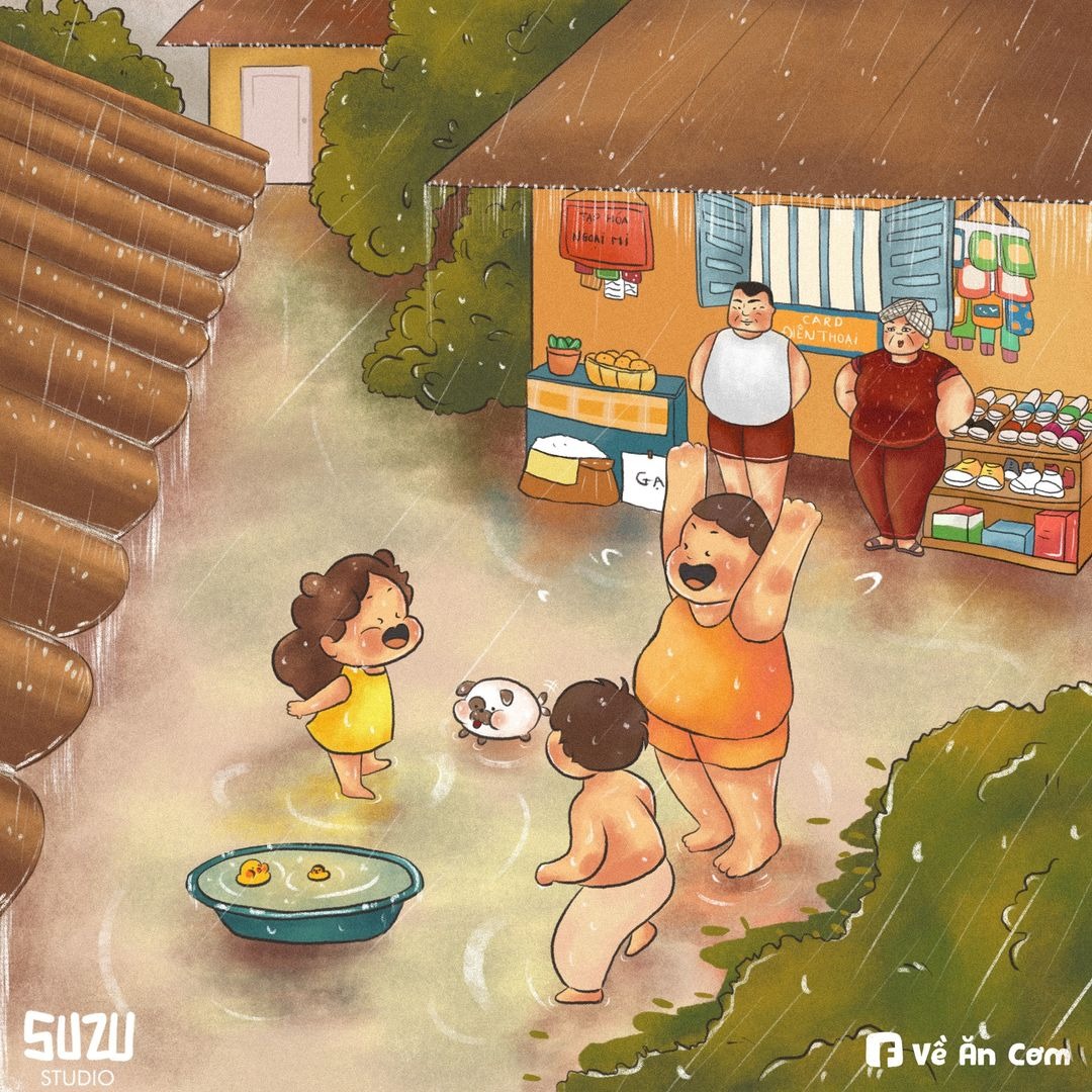 Đặc sản mùa mưa hả? Là tắm mưa chứ còn gì nữa.

Hồi nhỏ thấy mưa là tui khoái lắm, lẹ lẹ chạy vô xin mẹ xin ngoại cho ra tắm mưa với mấy đứa trong xóm. Có mấy bữa thấy “cái mồi” mẹ với ngoại hong cho là tui ló đầu ra mái hiên liền, đổ thừa “con lỡ ướt rồi, cho con đi tắm đi”. Thế là mẹ với ngoại 3 phần bất lực, 7 phần muốn đánh tui luôn hic.

Kệ, bất chấp, tui cứ chạy một mạch qua tiệm tạp hoá bà bảy, mua bịch xà bông 500 đồng (giờ chắc lên giá rồi quá) ra chia cho cả đám. Đầu cổ đứa nào đứa nấy xà bông không, xong rồi lo giỡn cái xà bông nó vô mắt cay lè, lúc đó mới la lên cho mấy đứa kia nó nhường dòng nước. Tắm cho “đã” trước, mai có bịnh hay bị la thì tính sau hehe.