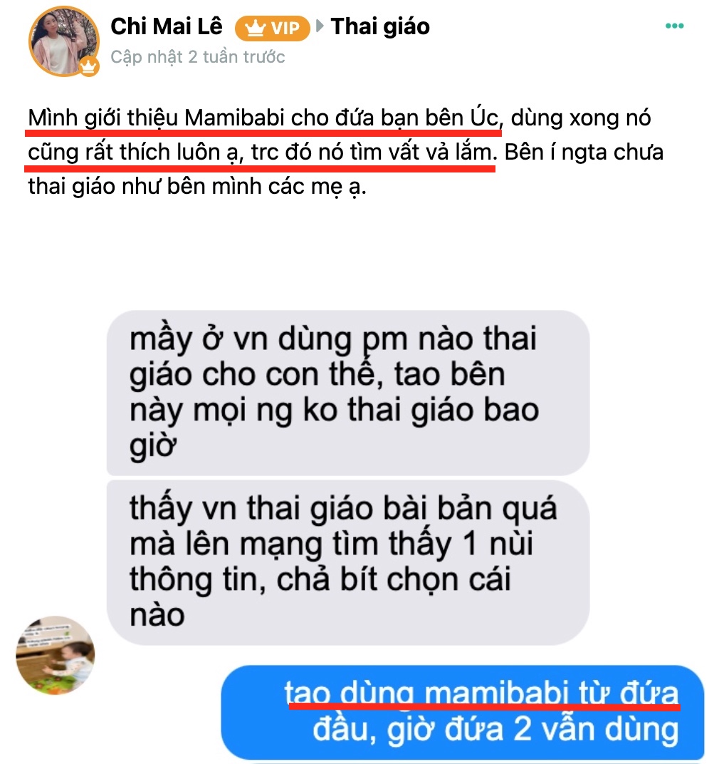 TRĂM LỜI MÌNH NÓI KHÔNG BẰNG MỘT LỜI KHÁCH NÓI

Thật vui khi được nhận những bức ảnh, những tin nhắn của các mẹ. Và cũng thật vui khi được lớn lên mỗi ngày cùng các thiên thần nhỏ đáng yêu! Những khách hàng nhí đầu tiên của Mamibabi hiện đã được 4 tuổi rồi, có những bạn đã có em. Mong rằng Mamibabi luôn được đồng hành cùng các con và các mẹ trong hành trình lớn lên.

Mọi ý kiến đóng góp của các mẹ dù khen hay chê, tích cực hay tiêu cực, Mamibabi xin được đón nhận và lắng nghe tất cả ạ!

Các mẹ đừng quên rằng ngoài mang thai, Mamibabi còn có hàng ngàn nội dung khác về chăm sóc trẻ sơ sinh và giáo dục sớm 6 năm đầu đời các mẹ nhé:

- Hơn 3000 hoạt động thai giáo giúp mẹ vui bé khỏe https://mamibabi.com.vn/vip/info?mode=1
- Hơn 1000 bản nhạc thai giáo và karaoke thai giáo
- Hơn 1000 bài thơ và câu truyện thai giáo tiếng Anh, tiếng Việt, Ehon, audio
- Hơn 500 hoạt động giáo dục sớm cho bé từ 0 - 6 tuổi
- Hơn 300 món ăn dặm cho bé từ 6 tháng đến 2 tuổi  
- Thực đơn 280 ngày mang thai cho mẹ bầu  
- 43 khóa học toàn diện và chuyên sâu dành cho mẹ bầu và bé 0 - 6 tuổi: https://mamibabi.com.vn/khoa-hoc

Các bé yêu khôn lớn lên mỗi ngày
Mamibabi nhiều nội dung hơn mỗi ngày…