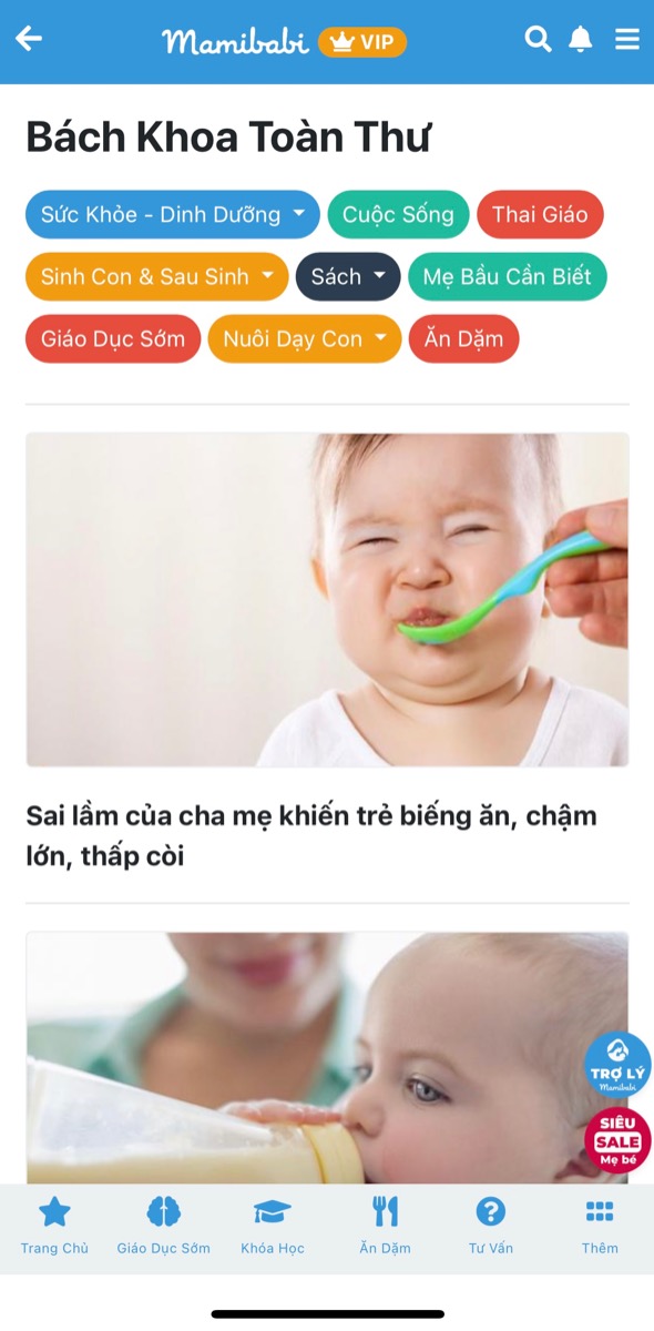 BẠN VẪN ĐANG DÙNG MAMIBABI DỄ DÀNG CHỨ?

Bất cứ khi nào bạn cần trợ giúp về kỹ thuật hoặc tìm kiếm nội dung, hãy nhắn cho bên mình nhé.

Dưới đây là các nội dung lớn bạn có thể dễ dàng thấy khi bấm vào Menu (biểu tượng 3 dấu gạch ngang ở góc trên bên phải):

- Khoá học: Danh sách đầy đủ 43+ khoá học hiện có của Mamibabi
- Mang thai: Mọi vấn đề liên quan đến mang thai như thai giáo, dinh dưỡng, yoga…
- Nuôi dạy con: Giáo dục sớm, tập nói, EASY, ăn dặm…
- Bách khoa toàn thư: Mọi vấn đề liên quan đến mang thai và nuôi con
- Tư vấn: Cộng đồng các mẹ đang sử dụng
- Mamibabi và nơi để các mẹ gửi câu hỏi cần trợ giúp

Mamibabi được thiết kế tối giản để các mẹ không phải mất nhiều thời gian tìm kiếm. Tuy nhiên, số lượng bài viết rất lớn và vẫn đang ngày một tăng lên, nên nếu gặp bất cứ trở ngại nào, mẹ hãy nhắn tin để bên mình hỗ trợ nhé! 
____________________________________

Mamibabi là ứng dụng thai giáo và giáo dục sớm duy nhất tại Việt Nam:

+ Được sáng lập bởi chuyên gia thai giáo Phạm Ngọc Thắng, tác giả cuốn sách “Rủ chồng thai giáo”
+ Được xây dựng theo hướng “1 tài khoản – ngàn nội dung”, bạn chỉ cần mua tài khoản VIP Mom 1 lần duy nhất để đọc hàng ngàn nội dung về nuôi dạy con. 

- Hơn 3000 hoạt động thai giáo giúp mẹ vui bé khỏe https://mamibabi.com.vn/vip/info?mode=1
- Hơn 1000 bản nhạc thai giáo và karaoke thai giáo
- Hơn 1000 bài thơ và câu truyện thai giáo tiếng Anh, tiếng Việt, Ehon, audio
- Hơn 500 hoạt động giáo dục sớm cho bé từ 0 - 6 tuổi
- Hơn 300 món ăn dặm cho bé từ 6 tháng đến 2 tuổi  
- Thực đơn 280 ngày mang thai cho mẹ bầu  
- 43 khóa học toàn diện và chuyên sâu dành cho mẹ bầu và bé 0 - 6 tuổi: https://mamibabi.com.vn/khoa-hoc