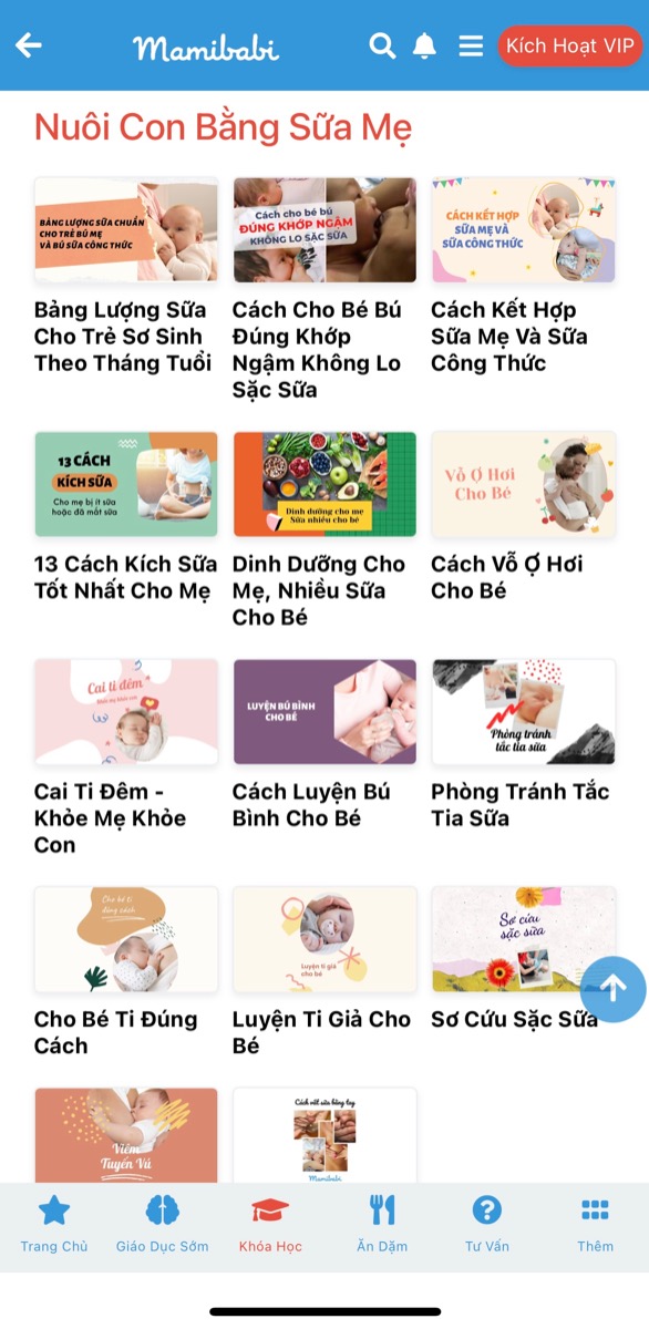 VÌ SAO MAMIBABI “CHIA NHỎ” CÁC KHOÁ HỌC VÀ BÀI HỌC? 

Mamibabi là ứng dụng thai giáo và giáo dục sớm dành cho các mẹ bận rộn. Vì vậy, để tiết kiệm thời gian cho các mẹ, chúng mình luôn “chia nhỏ” các khoá học để các mẹ nhanh chóng tìm được đúng nội dung mình cần.

Ví dụ: Thay vì làm 1 khoá học lớn chung chung về “Sữa mẹ”, bên mình sẽ chia ra làm nhiều khoá nhỏ như:
- Bảng lượng sữa bé cần uống theo tháng tuổi
- 13 cách kích sữa tốt nhất cho mẹ
- Cách kết hợp sữa mẹ và sữa công thức
- Cách vỗ ơi hơi cho bé
- Dinh dưỡng giúp mẹ nhiều sữa
- Phòng tránh tắc tia sữa
- Luyện bú bình cho bé
… 

Như vậy, mẹ quan tâm tới nội dung nào có thể đọc ngay nội dung đó, không bị lan man, mất thời gian.

Hiện tại, Mamibabi đã có sẵn 43 khoá học về nuôi dạy con, mẹ có thể xem tất cả tại đây https://mamibabi.com.vn/khoa-hoc
____________________________________

Mamibabi là ứng dụng thai giáo và giáo dục sớm duy nhất tại Việt Nam được xây dựng theo hướng “1 tài khoản – ngàn nội dung”, bạn chỉ cần mua tài khoản VIP Mom 1 lần duy nhất để đọc hàng ngàn nội dung về nuôi dạy con. 

- Hơn 3000 hoạt động thai giáo giúp mẹ vui bé khỏe https://mamibabi.com.vn/vip/info?mode=1
- Hơn 1000 bản nhạc thai giáo và karaoke thai giáo
- Hơn 1000 bài thơ và câu truyện thai giáo tiếng Anh, tiếng Việt, Ehon, audio
- Hơn 500 hoạt động giáo dục sớm cho bé từ 0 - 6 tuổi
- Hơn 300 món ăn dặm cho bé từ 6 tháng đến 2 tuổi  
- Thực đơn 280 ngày mang thai cho mẹ bầu  
- 43 khóa học toàn diện và chuyên sâu dành cho mẹ bầu và bé 0 - 6 tuổi: https://mamibabi.com.vn/khoa-hoc