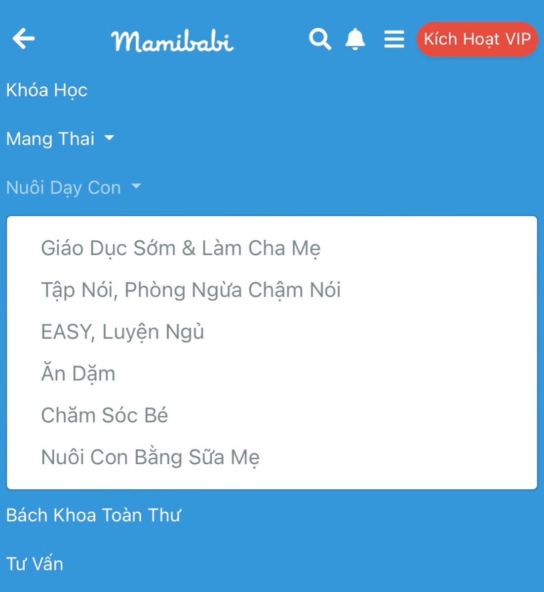 BẠN VẪN ĐANG DÙNG MAMIBABI DỄ DÀNG CHỨ?

Bất cứ khi nào bạn cần trợ giúp về kỹ thuật hoặc tìm kiếm nội dung, hãy nhắn cho bên mình nhé.

Dưới đây là các nội dung lớn bạn có thể dễ dàng thấy khi bấm vào Menu (biểu tượng 3 dấu gạch ngang ở góc trên bên phải):

- Khoá học: Danh sách đầy đủ 43+ khoá học hiện có của Mamibabi
- Mang thai: Mọi vấn đề liên quan đến mang thai như thai giáo, dinh dưỡng, yoga…
- Nuôi dạy con: Giáo dục sớm, tập nói, EASY, ăn dặm…
- Bách khoa toàn thư: Mọi vấn đề liên quan đến mang thai và nuôi con
- Tư vấn: Cộng đồng các mẹ đang sử dụng
- Mamibabi và nơi để các mẹ gửi câu hỏi cần trợ giúp

Mamibabi được thiết kế tối giản để các mẹ không phải mất nhiều thời gian tìm kiếm. Tuy nhiên, số lượng bài viết rất lớn và vẫn đang ngày một tăng lên, nên nếu gặp bất cứ trở ngại nào, mẹ hãy nhắn tin để bên mình hỗ trợ nhé! 
____________________________________

Mamibabi là ứng dụng thai giáo và giáo dục sớm duy nhất tại Việt Nam:

+ Được sáng lập bởi chuyên gia thai giáo Phạm Ngọc Thắng, tác giả cuốn sách “Rủ chồng thai giáo”
+ Được xây dựng theo hướng “1 tài khoản – ngàn nội dung”, bạn chỉ cần mua tài khoản VIP Mom 1 lần duy nhất để đọc hàng ngàn nội dung về nuôi dạy con. 

- Hơn 3000 hoạt động thai giáo giúp mẹ vui bé khỏe https://mamibabi.com.vn/vip/info?mode=1
- Hơn 1000 bản nhạc thai giáo và karaoke thai giáo
- Hơn 1000 bài thơ và câu truyện thai giáo tiếng Anh, tiếng Việt, Ehon, audio
- Hơn 500 hoạt động giáo dục sớm cho bé từ 0 - 6 tuổi
- Hơn 300 món ăn dặm cho bé từ 6 tháng đến 2 tuổi  
- Thực đơn 280 ngày mang thai cho mẹ bầu  
- 43 khóa học toàn diện và chuyên sâu dành cho mẹ bầu và bé 0 - 6 tuổi: https://mamibabi.com.vn/khoa-hoc