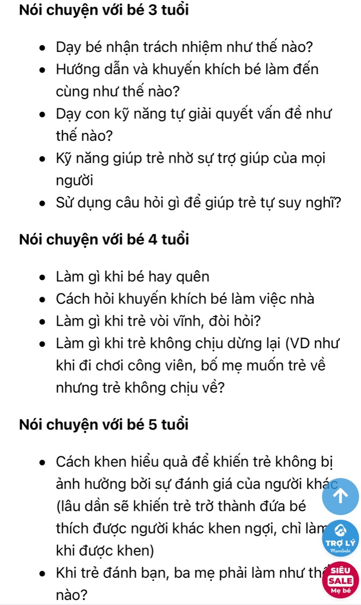 NGHỆ THUẬT GIAO TIẾP KHI TRẺ 0 - 6 TUỔI ĂN VẠ, MÈ NHEO, ĐÒI HỎI VÔ LÝ

Đây là một trong những khoá học ứng dụng lâu dài nhất của Mamibabi bởi mẹ có thể sử dụng trong suốt hành trình bé 0 - 6 tuổi. Đặc biệt các mẹ VIP Mom có thể xem ngay mà không phải đóng bất cứ khoản phí nào.

Khoá học này được xây dựng theo tiêu chí thấu hiểu và tôn trọng sự phát triển tâm lý của trẻ, tránh những xung đột giữa cha mẹ và con cái. 

Mẹ có thể học ngay tại đây https://mamibabi.com.vn/coursev2/7/nghe-thuat-giao-tiep-khi-tre-0-6-tuoi-an-va-me-nheo-ngang-buong-doi-hoi-vo-ly

Đây chỉ là 1 trong 43 khoá học làm cha mẹ hiện đang có sẵn tại Mamibabi. 
________________________________

Mamibabi là ứng dụng thai giáo và giáo dục sớm duy nhất tại Việt Nam được sáng lập bởi chuyên gia Phạm Ngọc Thắng, tác giả cuốn sách “Rủ chồng thai giáo”. 

Mamibabi được xây dựng theo hướng “1 tài khoản – ngàn nội dung”, bạn chỉ cần mua tài khoản VIP Mom 1 lần duy nhất để đọc hàng ngàn nội dung về nuôi dạy con. 

- Hơn 3000 hoạt động thai giáo giúp mẹ vui bé khỏe https://mamibabi.com.vn/vip/info?mode=1
- Hơn 1000 bản nhạc thai giáo và karaoke thai giáo
- Hơn 1000 bài thơ và câu truyện thai giáo tiếng Anh, tiếng Việt, Ehon, audio
- Hơn 500 hoạt động giáo dục sớm cho bé từ 0 - 6 tuổi
- Hơn 300 món ăn dặm cho bé từ 6 tháng đến 2 tuổi  
- Thực đơn 280 ngày mang thai cho mẹ bầu  
- 43 khóa học toàn diện và chuyên sâu dành cho mẹ bầu và bé 0 - 6 tuổi: https://mamibabi.com.vn/khoa-hoc