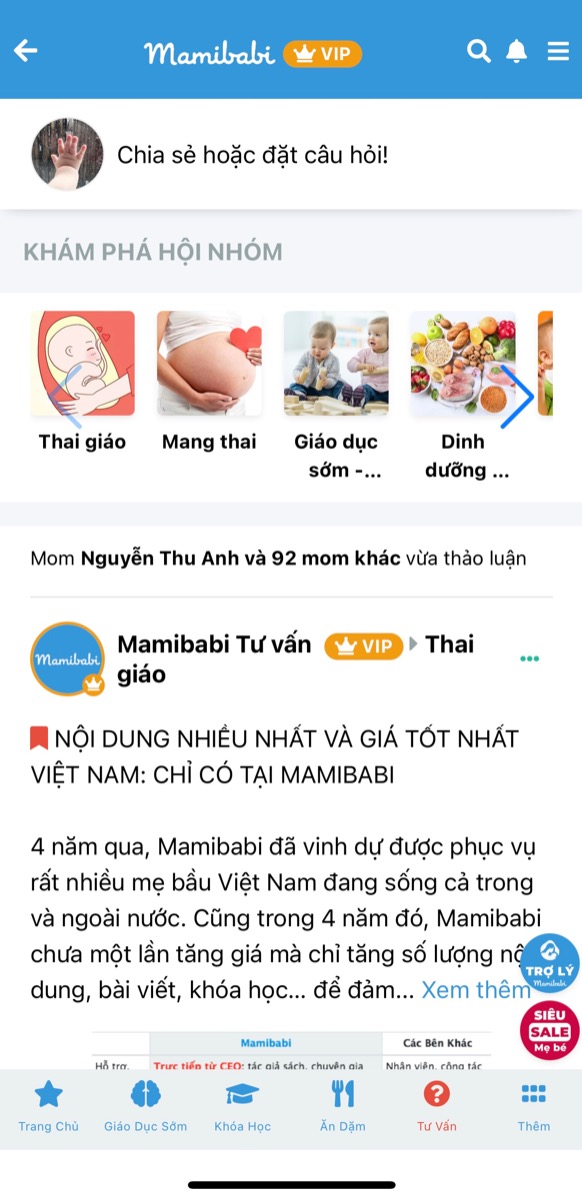 TƯ VẤN: TÍNH NĂNG GIÚP BẠN GIẢI ĐÁP MỌI THẮC MẮC TẠI MAMIBABI 

Khi bấm vào thanh Menu của Mamibabi (biểu tượng 3 dấu gạch ngang phía trên bên phải màn hình), bạn sẽ thấy có mục TƯ VẤN. Đây là mục được rất nhiều mẹ tại Mamibabi sử dụng. Tại đây bạn có thể:

- Khám phá và tham gia các hội nhóm: Thai giáo, nuôi dạy con, dinh dưỡng, sức khoẻ, tiểu đường thai kỳ…
- Đặt câu hỏi để đội ngũ Mamibabi và các mẹ khác tư vấn, chia sẻ kinh nghiệm.
- Chia sẻ câu chuyện của riêng mình: Kiến thức chăm con, trải nghiệm thực tế, cảm xúc tâm sự…

Tính năng TƯ VẤN này sẽ giúp mẹ rất nhiều khi có bất kỳ thắc mắc nào. Mẹ đừng bỏ qua nhé! 
________________________________

Mamibabi là ứng dụng thai giáo và giáo dục sớm được sáng lập bởi chuyên gia thai giáo Phạm Ngọc Thắng, tác giả cuốn sách “Rủ chồng thai giáo”.

Mamibabi được xây dựng theo hướng “1 tài khoản – ngàn nội dung”, bạn chỉ cần mua tài khoản VIP Mom 1 lần duy nhất để đọc hàng ngàn nội dung về nuôi dạy con:

- Hơn 3000 hoạt động thai giáo giúp mẹ vui bé khỏe https://mamibabi.com.vn/vip/info?mode=1
- Hơn 1000 bản nhạc thai giáo và karaoke thai giáo
- Hơn 1000 bài thơ và câu truyện thai giáo tiếng Anh, tiếng Việt, Ehon, audio
- Hơn 500 hoạt động giáo dục sớm cho bé từ 0 - 6 tuổi
- Hơn 300 món ăn dặm cho bé từ 6 tháng đến 2 tuổi  
- Thực đơn 280 ngày mang thai cho mẹ bầu  
- 43 khóa học toàn diện và chuyên sâu dành cho mẹ bầu và bé 0 - 6 tuổi: https://mamibabi.com.vn/khoa-hoc
