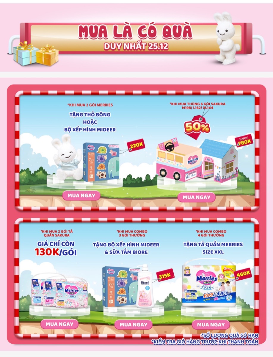 GIẢM GIÁ ĐỒNG LOẠT TÃ BỈM MERRIES 

Mẹ có thể mua ngay tại link https://shorten.asia/HFB11Fh7 

> Voucher 20K, 40K, 100K
> Flash Sale giá sốc lúc 17h và 19h hôm nay

Chờ đón siêu sale và vô vàn quà tặng 25/12 tới bằng cách BỎ SẴN VÀO GIỎ những sản phẩm bạn định mua.