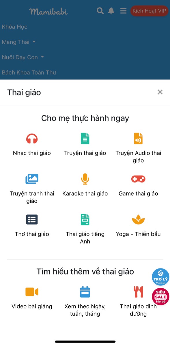 CÁCH TÌM KIẾM ĐÚNG NỘI DUNG MẸ CẦN TẠI MAMIBABI

Với mỗi mục lớn tại giao diện chính, Mamibabi luôn “chia nhỏ” để các mẹ tìm được đúng thứ mình cần. Ví dụ:

Khi bấm vào “Thai giáo”, mẹ sẽ thấy hiện ra 9 mục nhỏ như trong hình bao gồm: Truyện thai giáo, nhạc thai giáo, game thai giáo, yoga - thiền bầu… Mẹ hãy bấm vào mục mà mình quan tâm nhé!

Tương tự, khi bấm vào mục “Khoá học” tại trang chủ, mẹ sẽ thấy hiện ra 9 mục: Chăm sóc thai kỳ, nuôi con bằng sữa mẹ, EASY - luyện ngủ… 

Hiện Mamibabi có tới 44 khoá học nhỏ, mẹ sẽ dễ dàng tìm được những khoá học mình quan tâm nhất.

Mẹ cũng có thể comment để Mamibabi hỗ trợ mẹ nhé!
____________________________________

Mamibabi là ứng dụng thai giáo và giáo dục sớm duy nhất tại Việt Nam:
• Được sáng lập bởi chuyên gia thai giáo Phạm Ngọc Thắng, tác giả cuốn sách “Rủ chồng thai giáo”
• Được xây dựng theo hướng “1 tài khoản – ngàn nội dung”, bạn chỉ cần mua tài khoản VIP Mom 1 lần duy nhất để đọc hàng ngàn nội dung về nuôi dạy con. 

- Hơn 3000 hoạt động thai giáo giúp mẹ vui bé khỏe https://mamibabi.com.vn/vip/info?mode=1
- Hơn 1000 bản nhạc thai giáo và karaoke thai giáo
- Hơn 1000 bài thơ và câu truyện thai giáo tiếng Anh, tiếng Việt, Ehon, audio
- Hơn 500 hoạt động giáo dục sớm cho bé từ 0 - 6 tuổi
- Hơn 300 món ăn dặm cho bé từ 6 tháng đến 2 tuổi  
- Thực đơn 280 ngày mang thai cho mẹ bầu  
- 44 khóa học toàn diện và chuyên sâu dành cho mẹ bầu và bé 0 - 6 tuổi: https://mamibabi.com.vn/khoa-hoc