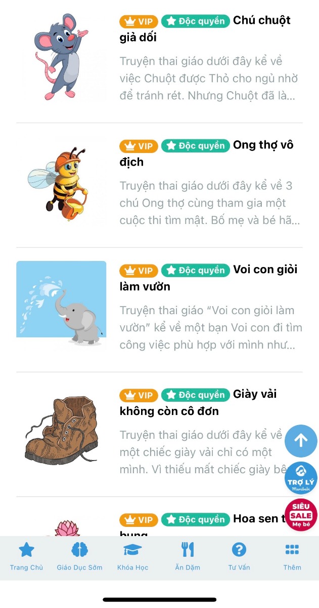 MUA GÓI VIP MOM ĐƯỢC GÌ NGOÀI TƯ VẤN? 

Mẹ N.B.A hỏi: “Em thấy các mẹ VIP hay không VIP thì hỏi đều được trả lời tư vấn cả mà. Thế thì mua tài khoản VIP làm gì cho tốn tiền?”

Mamibabi xin phép được trả lời như sau để mẹ N.B.A và nhiều mẹ khác có thêm thông tin ạ: 

- Về việc mẹ VIP hay không VIP thì khi hỏi đều được Mamibabi trả lời: Điều này đúng ạ, Mamibabi luôn nỗ lực để trả lời tất cả các mẹ, dù là có trả tiền hay không trả tiền, dù là VIP hay không.

- Về việc mẹ VIP trả tiền để làm gì: VIP Mom ngoài việc được tư vấn sẽ xem được rất nhiều nội dung như sau: 
• Hơn 3000 hoạt động thai giáo giúp mẹ vui bé khỏe https://mamibabi.com.vn/vip/info?mode=1
• Hơn 1000 bản nhạc thai giáo và karaoke thai giáo
• Hơn 1000 bài thơ và câu truyện thai giáo tiếng Anh, tiếng Việt, Ehon, audio
• Hơn 500 hoạt động giáo dục sớm cho bé từ 0 - 6 tuổi
• Hơn 300 món ăn dặm cho bé từ 6 tháng đến 2 tuổi  
• Thực đơn 280 ngày mang thai cho mẹ bầu  
• 44 khóa học toàn diện và chuyên sâu dành cho mẹ bầu và bé 0 - 6 tuổi: https://mamibabi.com.vn/khoa-hoc
 
Để hiểu rõ hơn mẹ có thể vào mục Truyện thai giáo tại link https://mamibabi.com.vn/newscategory/15/truyen-thai-giao 

Tại đây mẹ sẽ thấy rất nhiều bài viết gắn thẻ màu cam có chữ VIP. Đây đều là các nội dung chỉ dành riêng cho VIP Mom, chỉ VIP Mom mới có thể xem được.

Hiện tại Mamibabi là khoá học thai giáo và giáo dục sớm có giá ưu đãi nhất tại Việt Nam. Giá sau khi giảm chỉ còn 449,000đ để xem trong 1 năm; và 899,000đ để xem trọn đời. Rất nhiều mẹ đã mua gói trọn đời và sau một thời gian sử dụng kết luận là “đáng đồng tiền bát gạo” vì chi phí thấp mà nội dung lại rất nhiều, dùng được ngay cả khi đẻ bé thứ 2, 3; không hề "tốn tiền" đâu ạ. 

Mamibabi là ứng dụng thai giáo hàng đầu được sáng lập bởi chuyên gia thai giáo Phạm Ngọc Thắng, tác giả cuốn sách “Rủ chồng thai giáo”. Mamibabi đã được lựa chọn bởi các mẹ bầu Việt Nam đang sinh sống không chỉ trong nước mà tại nhiều quốc gia khác trên thế giới.