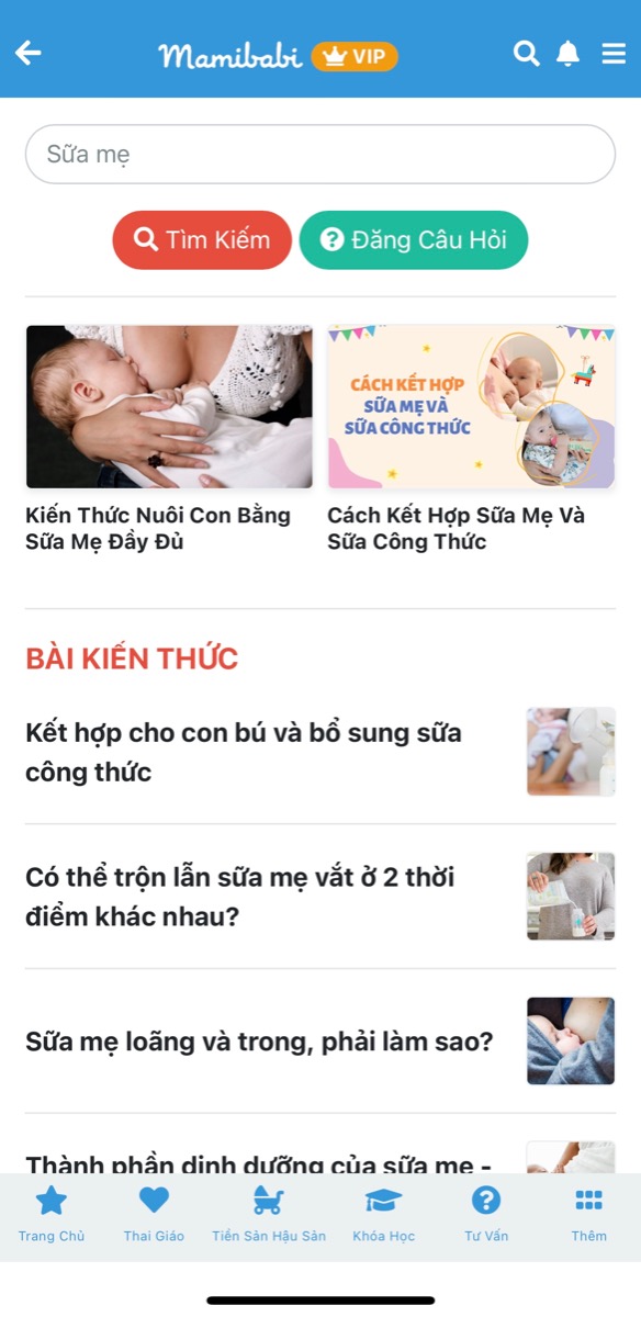 HÃY KHÁM PHÁ CHỨC NĂNG “TÌM KIẾM” MỌI ĐIỀU BẠN CẦN TẠI MAMIBABI 

Bạn nhìn phía trên bên phải màn hình chính sẽ thấy biểu tượng kính lúp. Đây chính là nút “tìm kiếm”, giúp bạn tìm được mọi điều bạn quan tâm tại Mamibabi.

Ví dụ: Bạn bấm vào hình kính lúp rồi gõ chữ “sữa mẹ”, ứng dụng sẽ hiện ra mọi nội dung liên quan tới sữa mẹ như các khoá học về sữa mẹ, bài kiến thức về sữa mẹ, các câu hỏi - đáp về sữa mẹ của các mẹ khác.

Nếu thắc mắc về bất cứ điều gì, bạn hãy dùng chức năng tìm kiếm này để đọc được các thông tin cần thiết nhé. Bạn cũng có thể để lại câu hỏi để Mamibabi và các mẹ khác hỗ trợ bạn. 
____________________________________

Mamibabi là ứng dụng thai giáo và giáo dục sớm duy nhất tại Việt Nam:
• Được sáng lập bởi chuyên gia thai giáo Phạm Ngọc Thắng, tác giả cuốn sách “Rủ chồng thai giáo”
• Được xây dựng theo hướng “1 tài khoản – ngàn nội dung”, bạn chỉ cần mua tài khoản VIP Mom 1 lần duy nhất để đọc hàng ngàn nội dung về nuôi dạy con. 

- Hơn 3000 hoạt động thai giáo giúp mẹ vui bé khỏe https://mamibabi.com.vn/vip/info?mode=1
- Hơn 1000 bản nhạc thai giáo và karaoke thai giáo
- Hơn 1000 bài thơ và câu truyện thai giáo tiếng Anh, tiếng Việt, Ehon, audio
- Hơn 500 hoạt động giáo dục sớm cho bé từ 0 - 6 tuổi
- Hơn 300 món ăn dặm cho bé từ 6 tháng đến 2 tuổi  
- Thực đơn 280 ngày mang thai cho mẹ bầu  
- 44 khóa học toàn diện và chuyên sâu dành cho mẹ bầu và bé 0 - 6 tuổi: https://mamibabi.com.vn/khoa-hoc