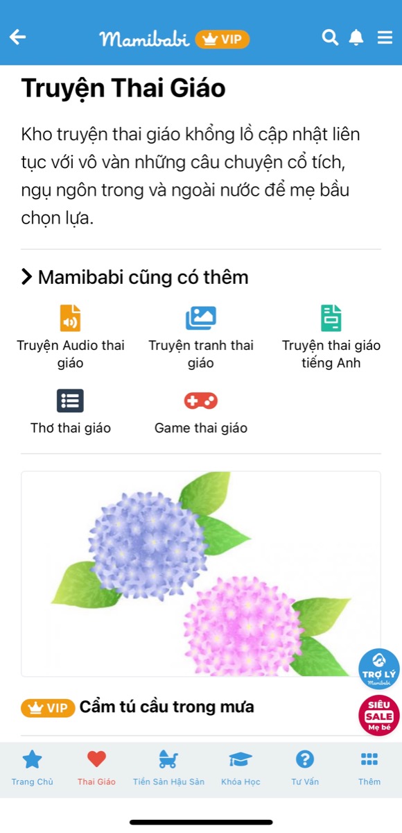 4 ĐIỀU “NHẤT” CHỈ CÓ TẠI MAMIBABI

1. GIÁ TỐT NHẤT - NỘI DUNG NHIỀU NHẤT 
Mamibabi hiện có 2 gói:
- Gói 1 năm sau khi giảm giá chỉ còn 449,000
- Gói trọn đời sau khi giảm giá chỉ còn 899,000

Với mức giá trên, khách hàng không chỉ nhận được 1 khoá học thai giáo mà sẽ nhận được hàng ngàn nội dung sau:
- Hơn 3000 hoạt động thai giáo giúp mẹ vui bé khỏe https://mamibabi.com.vn/vip/info?mode=1
- Hơn 1000 bản nhạc thai giáo và karaoke thai giáo
- Hơn 1000 bài thơ và câu truyện thai giáo tiếng Anh, tiếng Việt, Ehon, audio
- Hơn 500 hoạt động giáo dục sớm cho bé từ 0 - 6 tuổi
- Hơn 300 món ăn dặm cho bé từ 6 tháng đến 2 tuổi  
- Thực đơn 280 ngày mang thai cho mẹ bầu  
- 45 khóa học toàn diện và chuyên sâu dành cho mẹ bầu và bé 0 - 6 tuổi: https://mamibabi.com.vn/khoa-hoc

2. ĐƯỢC TƯ VẤN NHIỀU NHẤT
Dù bạn có trả tiền hay không, dù bạn dùng gói 1 năm hay trọn đời, Mamibabi vẫn tư vấn cho bạn về mọi vấn đề như mang thai, sinh con, ăn dặm, nuôi con…

Mẹ có thể đặt câu hỏi tại đây https://mamibabi.com.vn/community

3. NHIỀU KHOÁ HỌC NHẤT
Mamibabi hiện đã có sẵn 45 khoá học về mang thai, thai giáo, ăn dặm, chăm sóc trẻ sơ sinh… 
Các khoá học mới vẫn liên tục được cập nhật. Chỉ cần mua tài khoản VIP Mom 1 lần duy nhất, mẹ sẽ xem được tất cả các khoá học này. Mỗi khi Mamibabi có khoá học mới, mẹ sẽ học được ngay mà không phải trả thêm bất cứ khoản phí nào.

Mẹ có thể xem tất cả các khoá học tại đây https://mamibabi.com.vn/khoa-hoc

4. NHIỀU TRUYỆN THAI GIÁO NHẤT
Mamibabi hiện có kho truyện thai giáo lớn và liên tục được cập nhật mỗi ngày. Đặc biệt, Mamibabi sở hữu những truyện thai giáo độc quyền không có tại bất cứ phần mềm nào khác, chỉ có tại Mamibabi. Mẹ có thể cùng bé đọc truyện tại đây https://mamibabi.com.vn/khoa-hoc