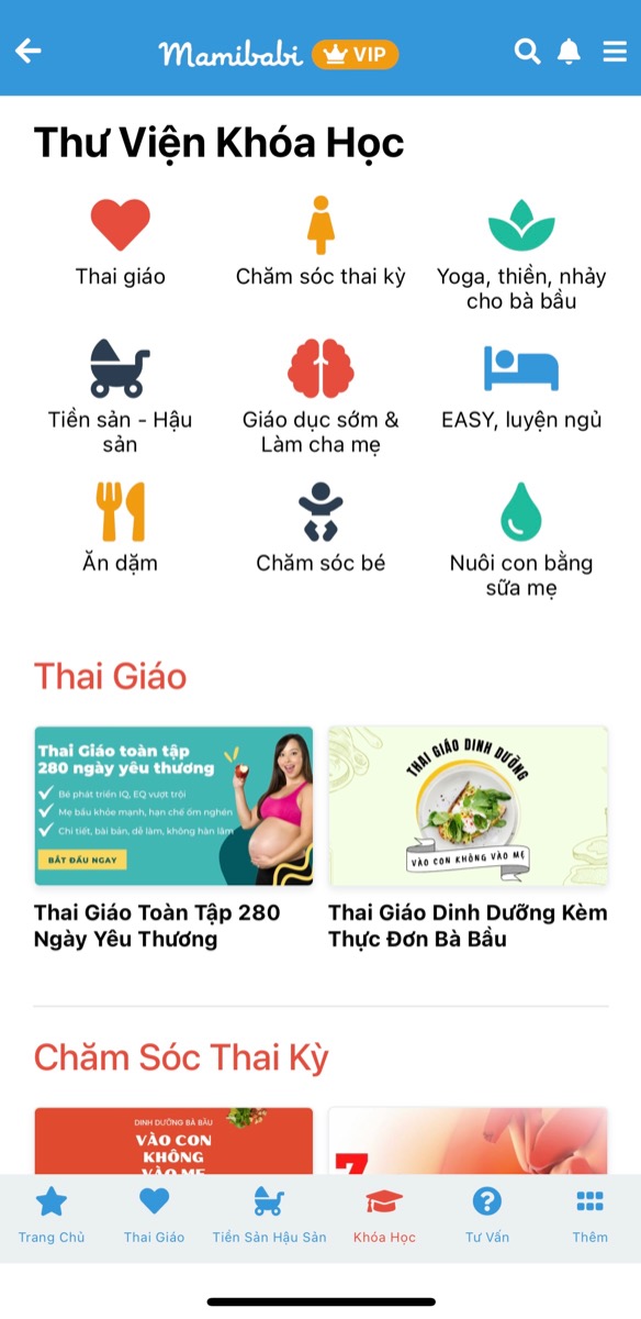 4 ĐIỀU “NHẤT” CHỈ CÓ TẠI MAMIBABI

1. GIÁ TỐT NHẤT - NỘI DUNG NHIỀU NHẤT 
Mamibabi hiện có 2 gói:
- Gói 1 năm sau khi giảm giá chỉ còn 449,000
- Gói trọn đời sau khi giảm giá chỉ còn 899,000

Với mức giá trên, khách hàng không chỉ nhận được 1 khoá học thai giáo mà sẽ nhận được hàng ngàn nội dung sau:
- Hơn 3000 hoạt động thai giáo giúp mẹ vui bé khỏe https://mamibabi.com.vn/vip/info?mode=1
- Hơn 1000 bản nhạc thai giáo và karaoke thai giáo
- Hơn 1000 bài thơ và câu truyện thai giáo tiếng Anh, tiếng Việt, Ehon, audio
- Hơn 500 hoạt động giáo dục sớm cho bé từ 0 - 6 tuổi
- Hơn 300 món ăn dặm cho bé từ 6 tháng đến 2 tuổi  
- Thực đơn 280 ngày mang thai cho mẹ bầu  
- 45 khóa học toàn diện và chuyên sâu dành cho mẹ bầu và bé 0 - 6 tuổi: https://mamibabi.com.vn/khoa-hoc

2. ĐƯỢC TƯ VẤN NHIỀU NHẤT
Dù bạn có trả tiền hay không, dù bạn dùng gói 1 năm hay trọn đời, Mamibabi vẫn tư vấn cho bạn về mọi vấn đề như mang thai, sinh con, ăn dặm, nuôi con…

Mẹ có thể đặt câu hỏi tại đây https://mamibabi.com.vn/community

3. NHIỀU KHOÁ HỌC NHẤT
Mamibabi hiện đã có sẵn 45 khoá học về mang thai, thai giáo, ăn dặm, chăm sóc trẻ sơ sinh… 
Các khoá học mới vẫn liên tục được cập nhật. Chỉ cần mua tài khoản VIP Mom 1 lần duy nhất, mẹ sẽ xem được tất cả các khoá học này. Mỗi khi Mamibabi có khoá học mới, mẹ sẽ học được ngay mà không phải trả thêm bất cứ khoản phí nào.

Mẹ có thể xem tất cả các khoá học tại đây https://mamibabi.com.vn/khoa-hoc

4. NHIỀU TRUYỆN THAI GIÁO NHẤT
Mamibabi hiện có kho truyện thai giáo lớn và liên tục được cập nhật mỗi ngày. Đặc biệt, Mamibabi sở hữu những truyện thai giáo độc quyền không có tại bất cứ phần mềm nào khác, chỉ có tại Mamibabi. Mẹ có thể cùng bé đọc truyện tại đây https://mamibabi.com.vn/khoa-hoc