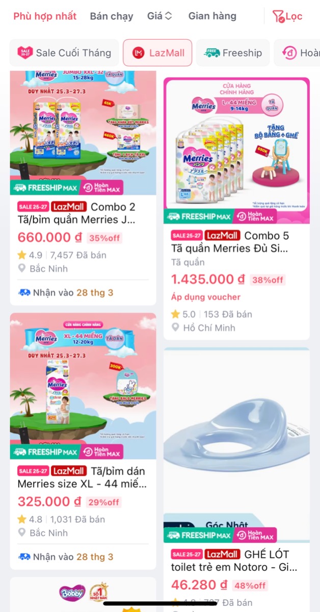 SIÊU SALE NGÀY CUỐI TẠI LAZADA MALL

Hôm nay là ngày giảm giá cuối cùng trong chương trình “Sale cuối tháng” từ 25/3-27/3 của Lazada. Dưới đây là một số sản phẩm hot dành cho mẹ và bé tới từ các thương hiệu uy tín của Lazada Mall. 

Mẹ hãy TẢI APP LAZADA trên điện thoại và mua ngay những sản phẩm mình cần trong hôm nay để có giá tốt nhất nhé!

Thời trang cho bé giảm tới 59% https://shorten.asia/XpQNEjCD

Tã bỉm và dụng cụ vệ sinh giảm tới 57% https://shorten.asia/7AkPDkbr

Sữa bột và thức ăn cho bé giảm tới 55% https://shorten.asia/3KaCfk3e

Xe, ghế trẻ em, đai địu giảm tới 56% https://shorten.asia/ax9eHhS8 

Đồ dùng ăn dặm và bú sữa giảm tới 50% https://shorten.asia/mZc79Nr3