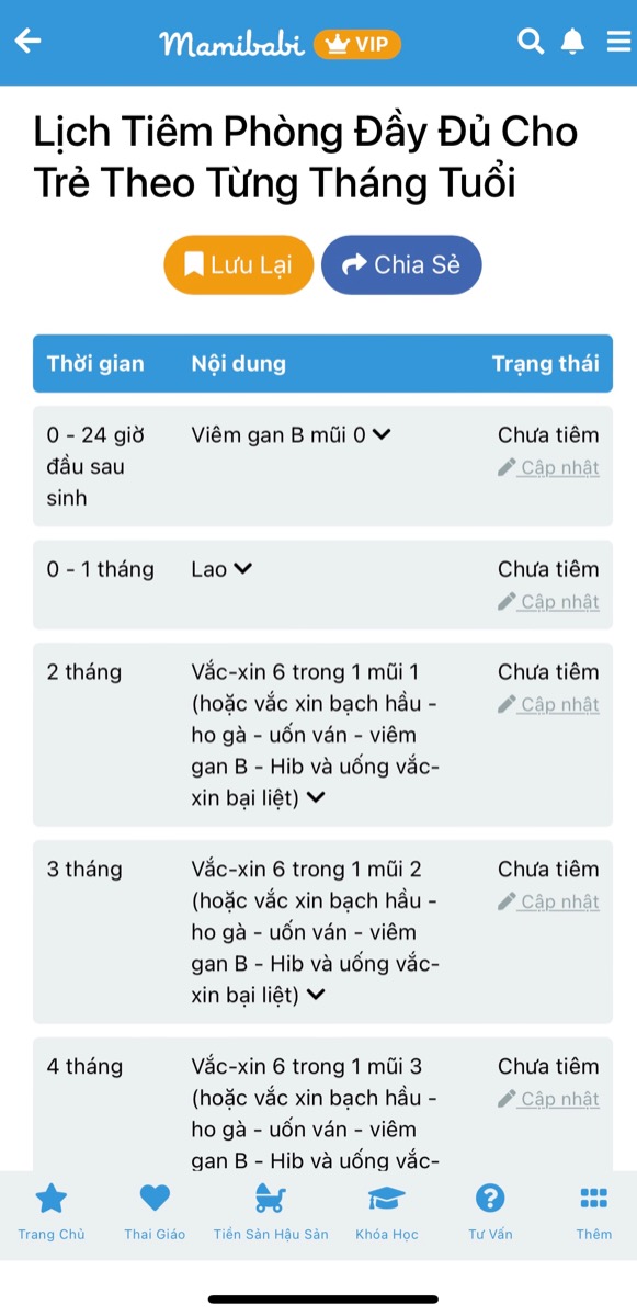 TUẦN MỚI - CHỨC NĂNG MỚI: THEO DÕI LỊCH TIÊM PHÒNG CHO BÉ

Với chức năng này mẹ có thể:
- Theo dõi các mũi tiêm theo chương trình Tiêm chủng mở rộng của Bộ y tế
- Đánh dấu là con đã tiêm hay chưa tiêm
- Lưu lại ngày tiêm của con
- Lưu lại tên thuốc con đã tiêm
- Lưu lại tác dụng phụ con đã gặp phải để theo dõi cho các lần tiêm sau
- Đọc thông tin về các loại vắc-xin để hiểu thêm về các bệnh, đường lây lan và cách phòng tránh

Mamibabi vẫn luôn cập nhật nội dung mới và tính năng mới mỗi tuần. Các mẹ hãy đăng ký tài khoản VIP Mom trọn đời để sử dụng 100% nội dung nhé:
- Bảng theo dõi cân nặng 40 tuần cho mẹ https://mamibabi.com.vn/special/pregnancy_weight_gain
- Bảng theo dõi cân nặng 40 tuần cho bé https://mamibabi.com.vn/news/95/can-nang-va-chieu-dai-thai-nhi-theo-chuan-who-2021
- 56 khóa học toàn diện và chuyên sâu dành cho mẹ bầu và bé 0 - 6 tuổi: https://mamibabi.com.vn/khoa-hoc
- Hơn 3000 hoạt động thai giáo giúp mẹ vui bé khỏe https://mamibabi.com.vn/vip/info?mode=1
- Hơn 1000 bản nhạc thai giáo và karaoke thai giáo
- Hơn 1000 bài thơ và câu truyện thai giáo tiếng Anh, tiếng Việt, Ehon, audio
- Hơn 500 hoạt động giáo dục sớm cho bé từ 0 - 6 tuổi
- Hơn 300 món ăn dặm cho bé từ 6 tháng đến 2 tuổi  
- Thực đơn 280 ngày mang thai cho mẹ bầu