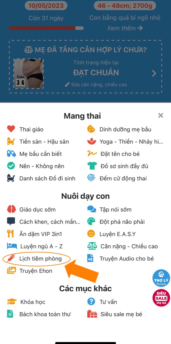 TUẦN MỚI - CHỨC NĂNG MỚI: THEO DÕI LỊCH TIÊM PHÒNG CHO BÉ

Với chức năng này mẹ có thể:
- Theo dõi các mũi tiêm theo chương trình Tiêm chủng mở rộng của Bộ y tế
- Đánh dấu là con đã tiêm hay chưa tiêm
- Lưu lại ngày tiêm của con
- Lưu lại tên thuốc con đã tiêm
- Lưu lại tác dụng phụ con đã gặp phải để theo dõi cho các lần tiêm sau
- Đọc thông tin về các loại vắc-xin để hiểu thêm về các bệnh, đường lây lan và cách phòng tránh

Mamibabi vẫn luôn cập nhật nội dung mới và tính năng mới mỗi tuần. Các mẹ hãy đăng ký tài khoản VIP Mom trọn đời để sử dụng 100% nội dung nhé:
- Bảng theo dõi cân nặng 40 tuần cho mẹ https://mamibabi.com.vn/special/pregnancy_weight_gain
- Bảng theo dõi cân nặng 40 tuần cho bé https://mamibabi.com.vn/news/95/can-nang-va-chieu-dai-thai-nhi-theo-chuan-who-2021
- 56 khóa học toàn diện và chuyên sâu dành cho mẹ bầu và bé 0 - 6 tuổi: https://mamibabi.com.vn/khoa-hoc
- Hơn 3000 hoạt động thai giáo giúp mẹ vui bé khỏe https://mamibabi.com.vn/vip/info?mode=1
- Hơn 1000 bản nhạc thai giáo và karaoke thai giáo
- Hơn 1000 bài thơ và câu truyện thai giáo tiếng Anh, tiếng Việt, Ehon, audio
- Hơn 500 hoạt động giáo dục sớm cho bé từ 0 - 6 tuổi
- Hơn 300 món ăn dặm cho bé từ 6 tháng đến 2 tuổi  
- Thực đơn 280 ngày mang thai cho mẹ bầu