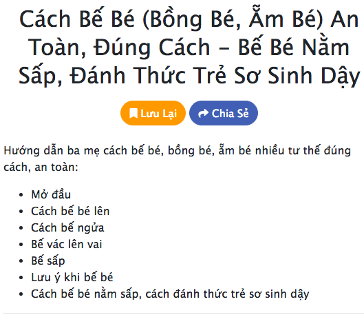 8 KHÓA HỌC CHĂM SÓC BÉ SƠ SINH CHO CÁC MẸ LẦN ĐẦU “BỈM SỮA” 

Có những kỹ năng nghe thật quen thuộc, nhưng với các mẹ sinh con lần đầu, không phải ai cũng làm đúng. Mẹ hãy xem 8 khóa học ngắn dưới đây để biết cách chăm bé “chuẩn không cần chỉnh” nhé: 

1. Mẹo thay bỉm nhanh cho bé sơ sinh https://mamibabi.com.vn/video/play?id=40 
2. Cách rơ lưỡi nhanh sạch cho bé https://mamibabi.com.vn/video/play?id=41 
3. Cách tắm bé sơ sinh đầy đủ các bước https://mamibabi.com.vn/video/play?id=42 
4. Cách quấn bé chống giật mình, giúp ngủ ngon https://mamibabi.com.vn/video/play?id=43 
5. Cách chăm sóc rốn cho trẻ sơ sinh giỏi như bác sĩ https://mamibabi.com.vn/video/play?id=44 
6. Cách massage cho bé dễ đi cầu, giảm táo bón đầy hơi https://mamibabi.com.vn/video/play?id=47 
7. Cách bế bé an toàn, đúng cách; đánh thức bé khoa học https://mamibabi.com.vn/video/play?id=46 
8. Cách rửa mũi an toàn, đúng cách cho bé đỡ ngạt mũi https://mamibabi.com.vn/video/play?id=50 

Trên đây chỉ là 8 trong tổng số 56 khóa học ngắn về mang thai và nuôi con của Mamibabi. Chỉ với một tài khoản VIP Mom duy nhất (449,000đ - 899,000đ), mẹ có thể xem cả 56 khóa học https://mamibabi.com.vn/khoa-hoc 
----------------------------------

Mamibabi là ứng dụng thai giáo và giáo dục sớm duy nhất tại Việt Nam: 
• Được sáng lập bởi chuyên gia thai giáo Phạm Ngọc Thắng, tác giả cuốn sách “Rủ chồng thai giáo”
• Được xây dựng theo hướng “1 tài khoản – ngàn nội dung”, bạn chỉ cần mua tài khoản VIP Mom 1 lần duy nhất để đọc hàng ngàn nội dung