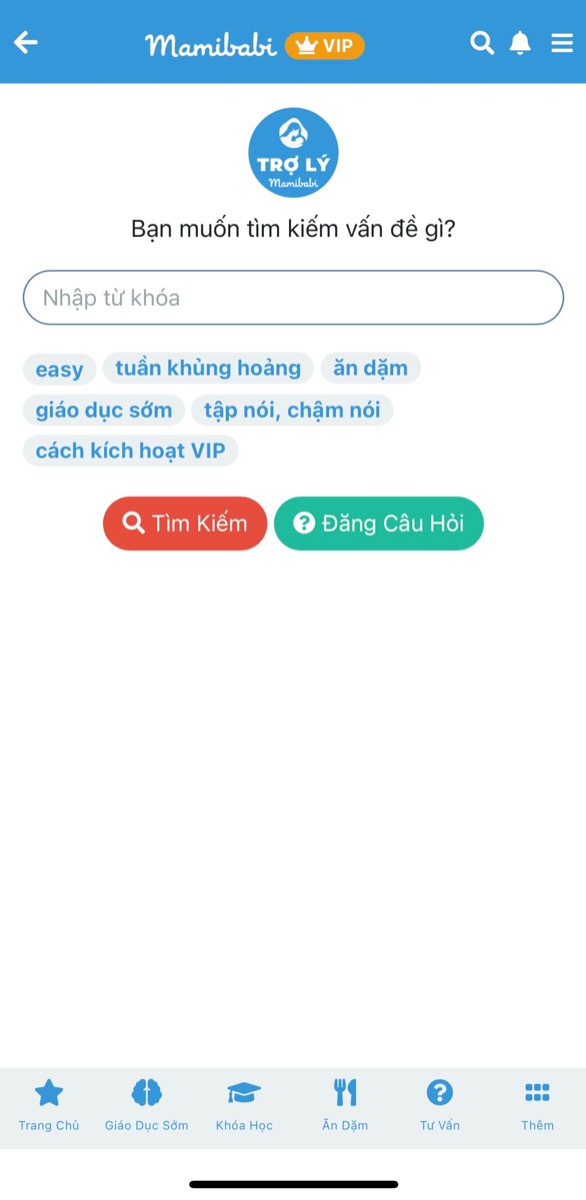 TÌM KIẾM MỌI THÔNG TIN BẠN CẦN VỀ MANG THAI VÀ NUÔI CON TẠI MAMIBABI

Bước 1: Ngay tại giao diện chính, bạn bấm vào biểu tượng KÍNH LÚP góc trên bên phải

Bước 2: Bạn nhập từ khoá hoặc nội dung mình cần tìm để nhận được kết quả

Nếu không tìm được nội dung mình cần, mẹ vui lòng để lại câu hỏi để Mamibabi hỗ trợ tại mục Tư vấn tại link https://mamibabi.com.vn/community

Chỉ với 1 tài khoản VIP Mom, bạn sẽ được tư vấn 1:1 cùng đội ngũ Mamibabi, được học 56 khoá học ngắn về mang thai - nuôi con và hàng ngàn nội dung dưới đây:

- Bảng theo dõi cân nặng 40 tuần cho mẹ https://mamibabi.com.vn/special/pregnancy_weight_gain
- Bảng theo dõi cân nặng 40 tuần cho bé https://mamibabi.com.vn/news/95/can-nang-va-chieu-dai-thai-nhi-theo-chuan-who-2021
- Đếm cử động thai mỗi ngày https://mamibabi.com.vn/baby/yogakick
- Hơn 3000 hoạt động thai giáo giúp mẹ vui bé khỏe https://mamibabi.com.vn/vip/info?mode=1
- Hơn 1000 bản nhạc thai giáo và karaoke thai giáo https://mamibabi.com.vn/nhac-thai-giao
- Hơn 1000 bài thơ và câu truyện thai giáo tiếng Anh, tiếng Việt, Ehon, audio https://mamibabi.com.vn/newscategory/15/truyen-thai-giao
- Hơn 500 hoạt động giáo dục sớm cho bé từ 0 - 6 tuổi https://mamibabi.com.vn/khoa-hoc#gds
- Hơn 300 món ăn dặm cho bé https://mamibabi.com.vn/an-dam
- Thực đơn 280 ngày mang thai cho mẹ bầu https://mamibabi.com.vn/thai-giao-dinh-duong
_________________________________

Mamibabi là ứng dụng thai giáo và giáo dục sớm duy nhất tại Việt Nam:
• Được sáng lập bởi chuyên gia thai giáo Phạm Ngọc Thắng, tác giả cuốn sách “Rủ chồng thai giáo”
• Được xây dựng theo hướng “1 tài khoản – ngàn nội dung”, bạn chỉ cần mua tài khoản VIP Mom 1 lần duy nhất để đọc hàng ngàn nội dung về nuôi dạy con.