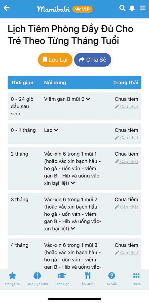 MAMIBABI GIÚP MẸ THEO DÕI LỊCH TIÊM PHÒNG CỦA BÉ, GIÚP BÉ TIÊM ĐỦ, PHÒNG NGỪA BỆNH TẬT

Ngay tại màn hình chính, mẹ sẽ nhìn thấy biểu tượng “Lịch tiêm phòng”, mẹ hãy bấm vào đây để cập nhật lịch tiêm của bé nhé. Mamibabi sẽ nhắc mẹ khi sắp tới lịch tiêm tiếp theo.

Chức năng lịch tiêm phòng sẽ hiển thị các thông tin về mũi tiêm, về bệnh, đường lây truyền để mẹ có thể giúp bé phòng bệnh tốt hơn. 

Đây là lịch tiêm phòng cho bé 0-24 tháng để mẹ tham khảo https://mamibabi.com.vn/news/1768/lich-tiem-phong-day-du-cho-tre-tu-0-24-thang-tuoi
—————————————————————
Mamibabi là ứng dụng thai giáo và giáo dục sớm duy nhất tại Việt Nam:
• Được sáng lập bởi chuyên gia thai giáo Phạm Ngọc Thắng, tác giả cuốn sách “Rủ chồng thai giáo”
• Được xây dựng theo hướng “1 tài khoản – ngàn nội dung”, bạn chỉ cần mua tài khoản VIP Mom 1 lần duy nhất để đọc hàng ngàn nội dung về nuôi dạy con. 

- Hơn 500 hoạt động giáo dục sớm cho bé từ 0 - 6 tuổi https://mamibabi.com.vn/khoa-hoc#gds
- Hơn 300 món ăn dặm cho bé https://mamibabi.com.vn/an-dam
- Thực đơn 280 ngày mang thai cho mẹ bầu https://mamibabi.com.vn/thai-giao-dinh-duong
- Được tư vấn mọi vấn đề về mang thai và nuôi con https://mamibabi.com.vn/community
- 56 khoá học mang thai và nuôi con https://mamibabi.com.vn/khoa-hoc
- Hơn 1000 bài thơ và câu truyện tiếng Anh, tiếng Việt, Ehon, audio https://mamibabi.com.vn/newscategory/15/truyen-thai-giao
- Bảng theo dõi cân nặng 40 tuần cho mẹ https://mamibabi.com.vn/special/pregnancy_weight_gain
- Bảng theo dõi cân nặng 40 tuần cho bé https://mamibabi.com.vn/news/95/can-nang-va-chieu-dai-thai-nhi-theo-chuan-who-2021
- Đếm cử động thai mỗi ngày https://mamibabi.com.vn/baby/yogakick
- Hơn 3000 hoạt động thai giáo giúp mẹ vui bé khỏe https://mamibabi.com.vn/vip/info?mode=1
- Hơn 1000 bản nhạc thai giáo và karaoke thai giáo https://mamibabi.com.vn/nhac-thai-giao