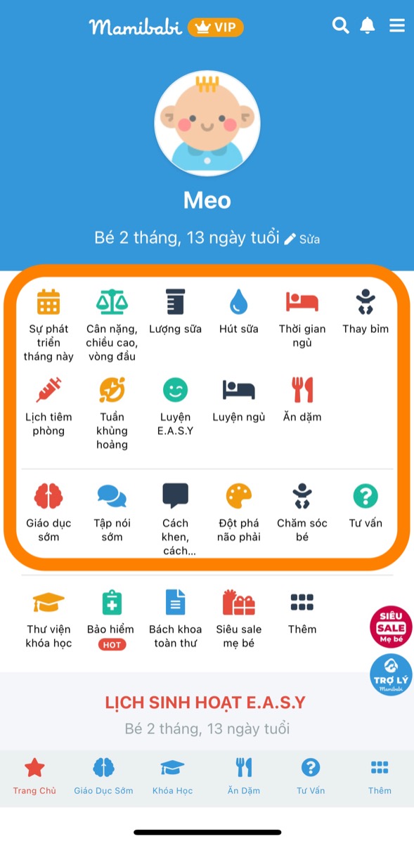 HỌC CÁCH CHĂM SÓC BÉ SƠ SINH VỚI GIÁ TỐT NHẤT THỊ TRƯỜNG CHO MẸ MỚI BẮT ĐẦU
 
Mẹ hỏi: Em mới đăng ký tài khoản VIP Mom rồi, con em được 1 tháng, bây giờ em nên học bắt đầu từ đâu ạ?
 
Mamibabi trả lời: Trước tiên, mẹ hãy sử dụng lần lượt các chức năng hiển thị tại 3 dòng đầu của giao diện chính nhé, bởi đây là các chức năng phổ biến nhất phục vụ cho việc nuôi con mẹ nào cũng cần, bao gồm:
 
- Theo dõi sự phát triển tháng này của con
- Theo dõi cân nặng, chiều cao, vòng đầu
- Lượng sữa
- Hút sữa
- Thời gian ngủ
- Thay bỉm
- Lịch tiêm phòng
- Tuần khủng hoảng
- Luyện EASY
- Luyện ngủ
- Giáo dục sớm
- Tập nói sớm
- Chăm sóc bé
- Đột phá não phải
- Ăn dặm (cho bé từ 6 tháng)
- Cách khen, cách mắng để con nghe lời (dành cho bé 1 tuổi trở lên)
 
Chỉ với 899,000 đồng, mẹ có thể sử dụng tất cả các chức năng trên cùng với
- Được tư vấn mọi vấn đề về mang thai và nuôi con https://mamibabi.com.vn/community
- 56 khóa học về mang thai, chăm sóc trẻ sơ sinh, giáo dục sớm cho bé 0 - 6 tuổi: https://mamibabi.com.vn/khoa-hoc
- Hơn 1000 bản nhạc cho bé và mẹ cùng nghe https://mamibabi.com.vn/nhac-thai-giao 
- Hơn 1000 bài thơ và câu truyện thai giáo tiếng Anh, tiếng Việt, Ehon, audio https://mamibabi.com.vn/newscategory/15/truyen-thai-giao#fetalMenuPopup
- Những bài viết mới liên tục được tổng hợp và cập nhật https://mamibabi.com.vn/knowledge
------------------------------------------

Mamibabi là ứng dụng thai giáo và giáo dục sớm duy nhất tại Việt Nam được sáng lập bởi tác giả Phạm Ngọc Thắng – tác giả của cuốn sách “Rủ chồng thai giáo” với phương châm “chi phí tốt nhất – quyền lợi nhiều nhất”
 
Mẹ có thể xem chi tiết quyền lợi và đăng ký tài khoản VIP Mom tại đây https://mamibabi.com.vn/vip/info?mode=9