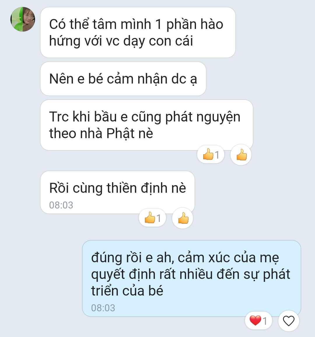 Thật vui khi đọc được những tin nhắn như thế này từ các khách hàng của Mamibabi. Bên mình khuyến khích các mẹ thai giáo cho con thật đều mỗi ngày mẹ nhé. Mỗi ngày 5-10 phút thôi cũng được, nhưng nên làm đều đặn hàng ngày.

Tại Mamibabi, các mẹ kích hoạt tài khoản “VIP Mom trọn đời” chỉ cần trả phí 899,000 đồng 1 lần duy nhất là dùng được trọn đời. Các mẹ dùng càng nhiều sẽ càng có lợi cho cả 2 mẹ con, Mamibabi không thu thêm bất cứ khoản nào khác. Bên mình mong muốn 899,000 các mẹ bỏ ra và cảm thấy thật sự xứng đáng. 

Dưới đây là một số thông tin về những tác dụng diệu kỳ của thai giáo, các mẹ tham khảo nhé:

Các bằng chứng kinh điển về tác dụng của thai giáo https://mamibabi.com.vn/news/1082/thai-giao-cho-con-nhung-bang-chung-kinh-dien-ve-tac-dung-cua-thai-giao

Tinh hoa thai giáo trên thế giới https://mamibabi.com.vn/news/632/tinh-hoa-thai-giao-the-gioi-me-viet-hay-hoc-ngay-keo-lo

Khoá học thai giáo 280 ngày yêu thương https://mamibabi.com.vn/thai-giao