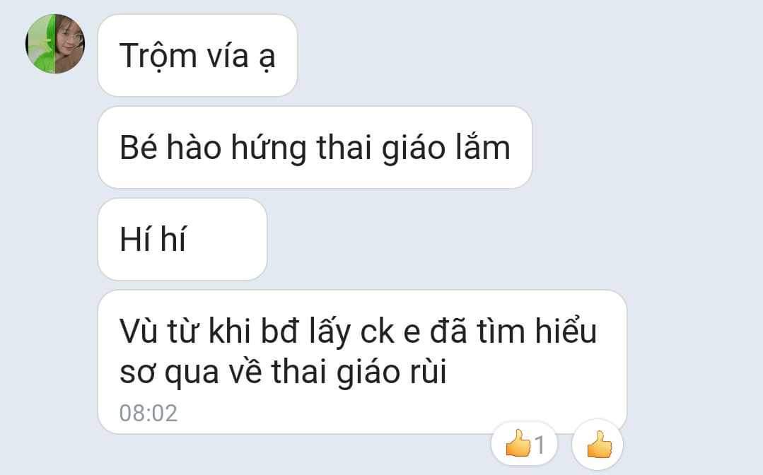 Thật vui khi đọc được những tin nhắn như thế này từ các khách hàng của Mamibabi. Bên mình khuyến khích các mẹ thai giáo cho con thật đều mỗi ngày mẹ nhé. Mỗi ngày 5-10 phút thôi cũng được, nhưng nên làm đều đặn hàng ngày.

Tại Mamibabi, các mẹ kích hoạt tài khoản “VIP Mom trọn đời” chỉ cần trả phí 899,000 đồng 1 lần duy nhất là dùng được trọn đời. Các mẹ dùng càng nhiều sẽ càng có lợi cho cả 2 mẹ con, Mamibabi không thu thêm bất cứ khoản nào khác. Bên mình mong muốn 899,000 các mẹ bỏ ra và cảm thấy thật sự xứng đáng. 

Dưới đây là một số thông tin về những tác dụng diệu kỳ của thai giáo, các mẹ tham khảo nhé:

Các bằng chứng kinh điển về tác dụng của thai giáo https://mamibabi.com.vn/news/1082/thai-giao-cho-con-nhung-bang-chung-kinh-dien-ve-tac-dung-cua-thai-giao

Tinh hoa thai giáo trên thế giới https://mamibabi.com.vn/news/632/tinh-hoa-thai-giao-the-gioi-me-viet-hay-hoc-ngay-keo-lo

Khoá học thai giáo 280 ngày yêu thương https://mamibabi.com.vn/thai-giao