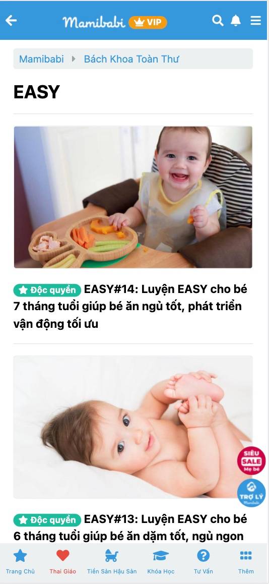 LUYỆN EASY CHO BÉ 7 THÁNG TUỔI GIÚP BÉ ĂN NGỦ KHOA HỌC, PHÁT TRIỂN VẬN ĐỘNG VÀ NHẬN THỨC TỐT 

Về cân nặng, bé gái 7 tháng tuổi có cân nặng trung bình là 7,6kg và bé trai 7 tháng tuổi có cân nặng trung bình 8,3kg.

Về kỹ năng vận động: Bé đã có thể cầm nắm chắc chắn những đồ vật có hình dạng thanh dài (như ngón tay của người lớn). Bé cũng có thể dễ dàng đưa đồ ăn vào miệng. Đây chính là nền tảng để mẹ tập cho bé ăn dặm theo phương pháp tự chỉ huy BLW.

Bé có thể dễ dàng lật người và nằm ngửa, một số bé đã có thể dùng chân đẩy thân nhích lên phía trước. Bé đang chuẩn bị cho giai đoạn tập trườn và bò ở những ngày tiếp theo.

Nhiều mẹ hẳn đã từng nghe tới câu hỏi “3 tháng biết lẫy, 7 tháng biết bò, 9 tháng lò dò biết đi”. Tuy vậy, nêu thấy bé 7 tháng chưa biết bò mẹ cũng đừng lo lắng nhé. 

Trong bài viết này, Mamibabi đã chia sẻ chi tiết cách giúp bé phát triển kỹ năng vận động, nhận thức cũng như lịch ăn ngủ khoa học phù hợp với tháng tuổi của bé https://mamibabi.com.vn/news/1972/easy-14-luyen-easy-cho-be-7-thang-tuoi-giup-be-an-ngu-tot-phat-trien-van-dong-toi-uu 
 
Nếu cần hỗ trợ về EASY, mẹ vui lòng gửi câu hỏi tại đây https://mamibabi.com.vn/community?g=15 
-------------------------------------

Mamibabi là ứng dụng thai giáo và giáo dục sớm duy nhất tại Việt Nam được sáng lập bởi tác giả Phạm Ngọc Thắng – tác giả của cuốn sách “Rủ chồng thai giáo” với phương châm “chi phí tốt nhất – quyền lợi nhiều nhất”. Mẹ chỉ cần đăng ký tài khoản “VIP Mom trọn đời” và nhận được các quyền lợi sau: 

+ Được tư vấn 1:1 mọi câu hỏi về mang thai và nuôi con https://mamibabi.com.vn/community 
+ Học 80 khóa học ngắn về mang thai – tiền sản – hậu sản https://mamibabi.com.vn/khoa-hoc?mode=1
+ Học 40 khóa học ngắn về chăm sóc trẻ sơ sinh và nuôi con https://mamibabi.com.vn/khoa-hoc?mode=2

Mẹ chỉ cần trả tiền một lần duy nhất để dùng TRỌN ĐỜI mọi tính năng, khi sinh các bé sau, mẹ KHÔNG cần trả thêm bất cứ khoản phí nào, Mamibabi vẫn tiếp tục hỗ trợ.