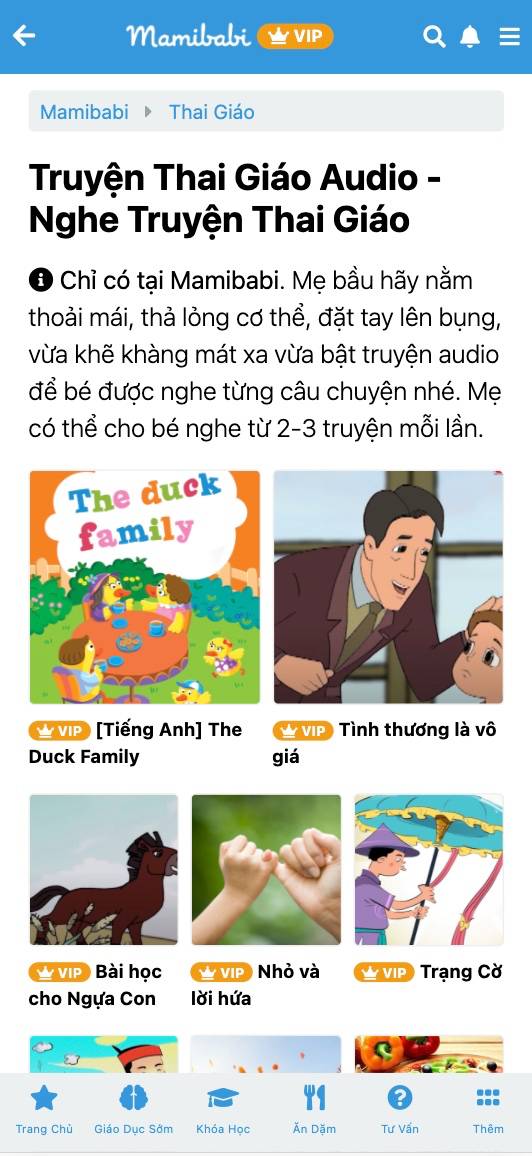 Tác dụng của truyện thai giáo là giúp mẹ và bé có thêm nhiều thời gian thư giãn cùng nhau, giúp mẹ được kết nối với bé nhiều hơn dù bé chưa ra đời. Truyện thai giáo cũng là cách giáo dục ngôn ngữ sớm cho bé, để bé được nghe giọng đọc thân thương của mẹ và tiếp cận với từ ngữ ngay khi còn là thai nhi. Việc này tạo nền tảng tốt để bé phát triển thính giác và trí não.

Truyện thai giáo chứa đựng nhiều bài học ý nghĩa, giúp mẹ truyền tải đến bé những tâm tư, tình cảm của mình, đồng thời giúp hình thành nhân cách tốt cho bé khi lớn lên. 

Mamibabi là đơn vị duy nhất trên thị trường sở hữu nhiều truyện thai giáo bản quyền và độc quyền. Có nhiều truyện mẹ sẽ chỉ thấy tại Mamibabi và không có tại bất cứ app thai giáo nào khác. 

Chỉ cần đăng ký tài khoản “VIP Mom trọn đời” với giá 899,000đ, mẹ có thể đọc hàng ngàn truyện thai giáo tại Mamibabi, đồng thời học 120+ khóa học ngắn về mang thai và nuôi con, được tư vấn 1:1 mọi thắc mắc. 

Truyện thai giáo chữ https://mamibabi.com.vn/newscategory/15/truyen-thai-giao

Truyện thai giáo audio https://mamibabi.com.vn/audiobook

Truyện tranh thai giáo (Ehon) https://mamibabi.com.vn/newscategory/33/truyen-tranh-thai-giao 

Thơ thai giáo https://mamibabi.com.vn/newscategory/32/tho-thai-giao