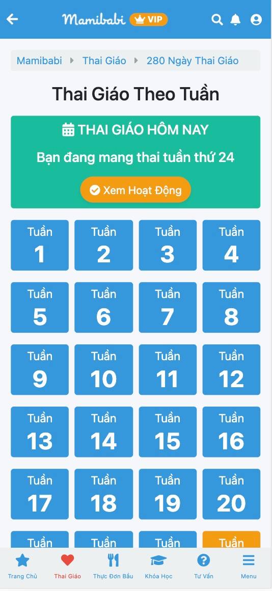 Mỗi tuần thai nhi trong bụng mẹ lại có những “bước tiến” nhất định so với tuần trước đó. Những bước tiến này dù chỉ nhỏ xíu xiu thôi nhưng cũng rất đáng ghi nhận phải không mẹ. Từ một chấm nhỏ như hạt vừng, con trở thành một chữ C trông hệt như một chiếc bánh, rồi lớn lên thành hình thành dạng một em bé thực thụ, kèm theo đó là sự phát triển của các giác quan và cả các kỹ năng. 

Để con phát triển tốt nhất theo từng tuần, mẹ đừng bỏ qua nội dung thai giáo theo tuần của Mamibabi nhé. Mọi thông tin cần biết và cần làm trong 40 tuần thai đều đã có sẵn một cách chi tiết, mẹ chỉ cần làm theo hướng dẫn thôi. Mẹ có thể xem chi tiết tại đây https://mamibabi.com.vn/thaigiao/theotuan 

-------------------------------------

Mamibabi là ứng dụng thai giáo, luyện EASY và giáo dục sớm duy nhất tại Việt Nam được sáng lập bởi tác giả Phạm Ngọc Thắng – tác giả của cuốn sách “Rủ chồng thai giáo” với phương châm “chi phí tốt nhất – quyền lợi nhiều nhất”. Mẹ chỉ cần đăng ký tài khoản “VIP Mom trọn đời” giá 899,000đ và nhận được các quyền lợi sau: 

+ Được tư vấn 1:1 mọi câu hỏi về mang thai và nuôi con https://mamibabi.com.vn/community 
+ Học 80 khóa học ngắn về mang thai https://mamibabi.com.vn/khoa-hoc?mode=1
+ Học 40 khóa học ngắn về chăm sóc trẻ sơ sinh và nuôi con https://mamibabi.com.vn/khoa-hoc?mode=2