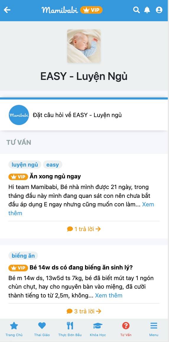 Có nhiều mẹ nói rằng con em khó ngủ nhưng em “ngại” luyện lắm, vì thấy nhiều lý thuyết quá, không biết bắt đầu từ đâu. Mình rất hiểu và thông cảm với điều này, các mẹ bỉm sữa bận rộn lại còn phải đọc nhiều sách vở, tài liệu nữa thì đúng là ngại thật. 

Tuy nhiên, mẹ cố gắng 1 tuần thôi để luyện cho con một chút, mình thấy được chút “quả ngọt” sẽ càng có động lực hơn, rồi mình lại cố gắng thêm 1 tuần nữa... cứ như vậy, chẳng mấy chốc mà em bé đã “vào nếp” thật sự và mẹ nhàn hơn rất nhiều. 

Nếu mẹ nào chưa biết bắt đầu từ đâu thì các mẹ làm theo 3 bước này nhé:

1. Xem bài EASY tương ứng với tháng tuổi của con, từ đó biết được LỊCH SINH HOẠT mẫu, và áp dụng cho con https://mamibabi.com.vn/newscategory/48/easy-category 

2. Trước mọi giấc ngủ cho con thực hiện TRÌNH TỰ NGỦ ngày hoặc đêm https://mamibabi.com.vn/news/1954/easy-6-trinh-tu-ngu-dem-theo-easy-giup-be-ngu-ngon-chong-lon-me-duoc-nghi-ngoi

3. Con ngủ giấc ngắn, ngủ chưa đủ đã dậy thì GIÚP CON NGỦ THÊM bằng các kỹ thuật trong bài này https://mamibabi.com.vn/news/1949/easy-4-8-ky-thuat-giup-be-ngu-tiep-sau-giac-ngu-ngan-catnap 

Cứ như vậy, mỗi ngày mẹ áp dụng EASY một chút, con tiến bộ một chút, còn hơn là mình không áp dụng tí nào, con không có gì cải thiện các mẹ ạ. Mình phải bắt đầu thì mới có kết quả được.

Mamibabi vẫn tư vấn EASY cho các mẹ và các con, các mẹ để lại câu hỏi tại đây nhé https://mamibabi.com.vn/community?g=15 

Mamibabi hiện là đơn vị tư vấn EASY có giá tốt nhất thị trường, chỉ 899,000đ cho thời gian TRỌN ĐỜI. Không chỉ được tư vấn EASY, các mẹ còn được học 120 khóa học ngắn về làm cha mẹ, được tư vấn mọi câu hỏi liên quan đến mang thai và nuôi con nữa. Mẹ xem tại đây nhé https://mamibabi.com.vn/khoa-hoc