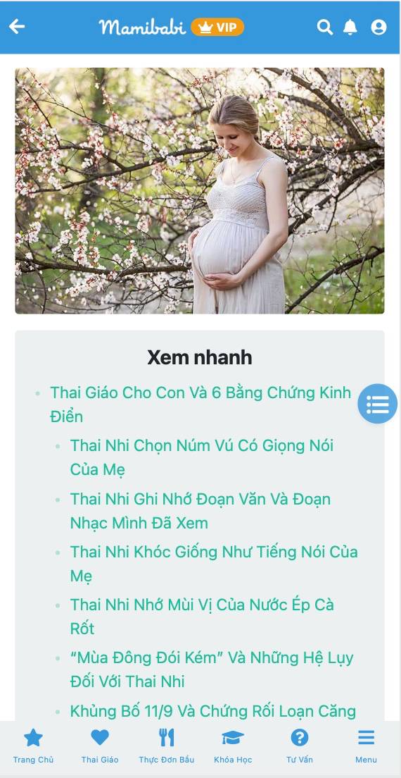 Nếu mẹ nào còn hoài nghi về những tác dụng của thai giáo (đặc biệt là âm thanh, âm nhạc) đối với bé yêu trong bụng mẹ, thì hãy đọc ngay bài viết này nhé https://mamibabi.com.vn/news/1082/thai-giao-cho-con-nhung-bang-chung-kinh-dien-ve-tac-dung-cua-thai-giao

Đây là những bằng chứng cho thấy thai nhi chịu tác động rất lớn từ môi trường bên ngoài bao gồm âm thanh, sự kiện, và cả những yếu tố từ người mẹ như thực phẩm, cảm xúc... Vì vậy thai giáo cho con mỗi ngày chính là cách tốt nhất để cả mẹ và bé có một thai kỳ khỏe mạnh và dễ chịu.

Mamibabi là ứng dụng thai giáo được sáng lập bởi tác giả Phạm Ngọc Thắng – tác giả của cuốn sách “Rủ chồng thai giáo”, vì vậy các thông tin thai giáo đưa ra đều đảm bảo chính xác, dễ hiểu và dễ thực hành nhất cho mẹ bầu. 

Mamibabi hiện có tới 80+ khóa học ngắn về thai giáo. Mẹ có thể học tất cả các khóa này trong thời gian TRỌN ĐỜI chỉ với 899,000đ. Chi tiết các khóa học thai giáo mẹ xem tại đây https://mamibabi.com.vn/khoa-hoc?mode=1