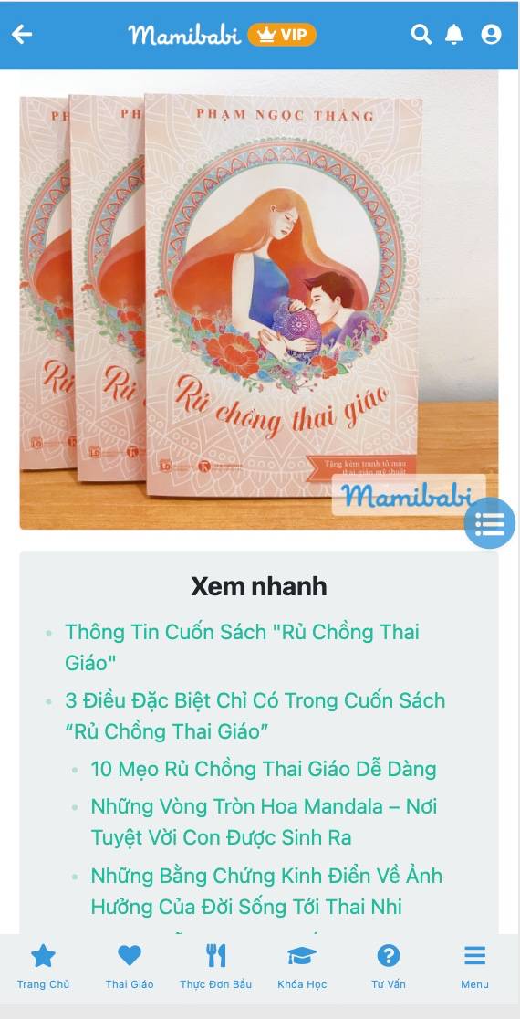 Mamibabi là ứng dụng thai giáo và giáo dục sớm được xây dựng bởi anh Phạm Ngọc Thắng – tác giả cuốn sách “Rủ chồng thai giáo”. Với phương châm “chi phí tốt nhất – nội dung nhiều nhất”, trong 5 năm qua, Mamibabi đã đồng hành với hàng triệu mẹ bầu Việt Nam đang sống cả trong và ngoài nước trên hành trình mang thai và nuôi con. 

Nếu mẹ đang tìm kiếm học thai giáo ở đâu tốt nhất với chi phí hợp lý thì đừng bỏ qua Mamibabi nhé! 

Mẹ chỉ cần đăng ký tài khoản “VIP Mom trọn đời” giá 899,000đ và nhận được các quyền lợi sau trong thời gian TRỌN ĐỜI: 

+ Được tư vấn 1:1 mọi câu hỏi về mang thai và nuôi con https://mamibabi.com.vn/community 
+ Học 80 khóa học ngắn về mang thai https://mamibabi.com.vn/khoa-hoc?mode=1
+ Học 40 khóa học ngắn về chăm sóc trẻ sơ sinh và nuôi con https://mamibabi.com.vn/khoa-hoc?mode=2