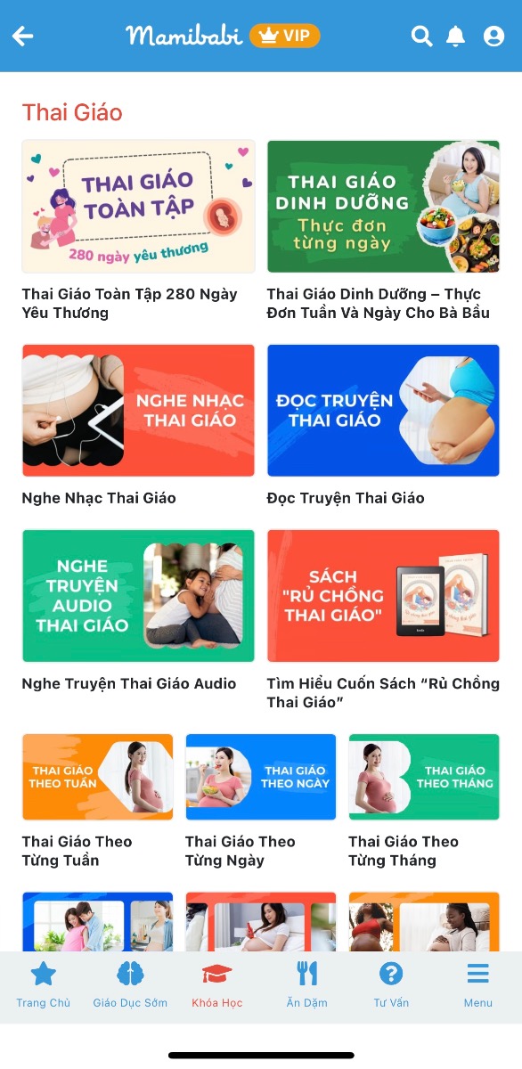 Thai giáo ngày càng được các mẹ bầu quan tâm trong nhiều năm trở lại đây. Thai giáo có rất nhiều lợi ích như giúp mẹ và bé kết nối với nhau nhiều hơn, giúp mẹ giảm căng thẳng, lo lắng khi mang thai, giúp thai nhi khoẻ mạnh và thông minh ngay từ khi còn trong bụng mẹ, giúp mẹ có một thai kỳ trọn vẹn, sinh con đủ tháng và chuyển dạ dễ dàng hơn…

Mamibabi đã có sẵn 18 nội dung về thai giáo, phù hợp với cả các mẹ bận rộn và chưa từng tìm hiểu về thai giáo:

1. Thai giáo 280 ngày yêu thương (mỗi ngày 10+ hoạt động thai giáo)
2. Thai giáo dinh dưỡng - thực đơn 280 ngày
3. Tìm hiểu cuốn sách “Rủ chồng thai giáo”
4. Thai giáo theo ngày
5. Thai giáo theo tuần
6. Thai giáo theo tháng
7. Phương pháp thai giáo tại các nước
8. Kỹ năng thai giáo (cảm xúc, hành động, lời nói…)
9. Nhạc thai giáo
10. Truyện thai giáo
11. Truyện thai giáo audio 
12. Thơ thai giáo
13. Game thai giáo
14. Karaoke nhạc thai giáo
15. Video lý thuyết thai giáo
16. Ehon - truyện tranh thai giáo
17. Lưu ý khi thai giáo
18. Thai giáo tiếng Anh

Mẹ có thể xem chi tiết 18 nội dung trên tại link https://mamibabi.com.vn/khoa-hoc?mode=1&cate=6

------------------------------------

Mamibabi là ứng dụng thai giáo, luyện EASY và giáo dục sớm duy nhất tại Việt Nam được sáng lập bởi tác giả Phạm Ngọc Thắng – tác giả của cuốn sách “Rủ chồng thai giáo” với phương châm “chi phí tốt nhất – quyền lợi nhiều nhất”. Mẹ chỉ cần đăng ký tài khoản “VIP Mom trọn đời” giá 899,000đ và nhận được các quyền lợi sau: 

+ Được tư vấn 1:1 mọi câu hỏi về mang thai và nuôi con https://mamibabi.com.vn/community 
+ Học 80 khóa học ngắn về mang thai https://mamibabi.com.vn/khoa-hoc?mode=1
+ Học 40 khóa học ngắn về chăm sóc trẻ sơ sinh và nuôi con https://mamibabi.com.vn/khoa-hoc?mode=2