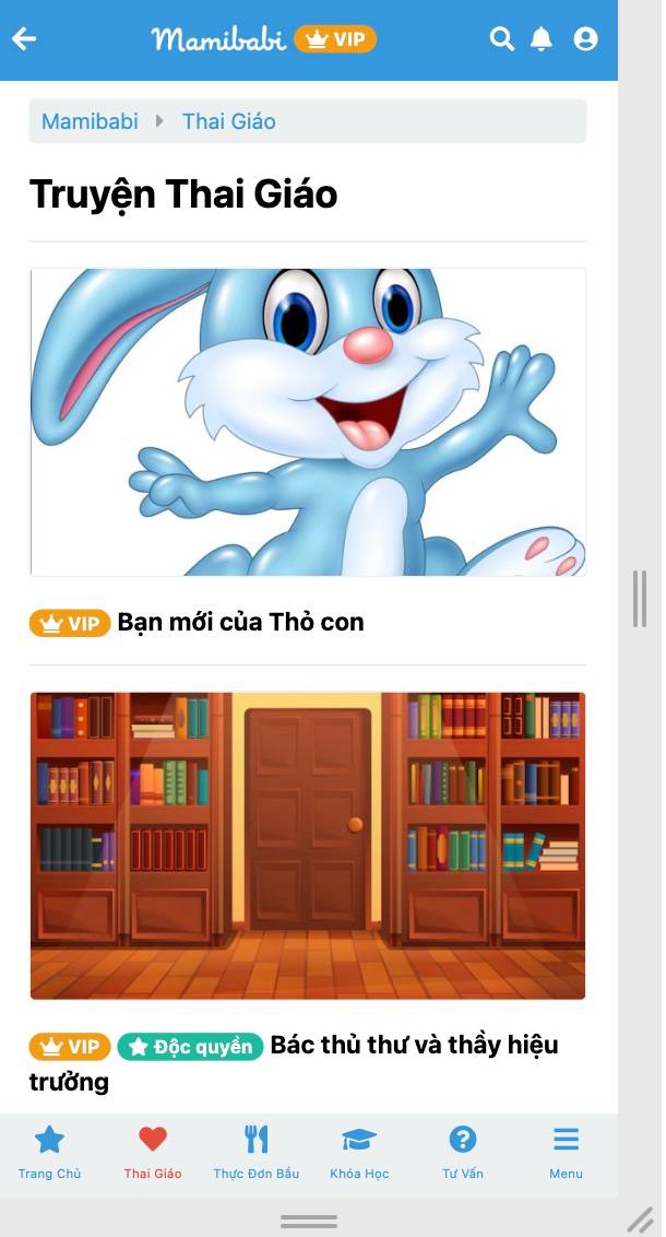 Mamibabi đã được rất nhiều mẹ biết đến qua mục “truyện thai giáo”. Mamibabi không dám nói rằng mình là app đọc truyện thai giáo tốt nhất trên thị trường, tuy nhiên, chúng tôi có thể đảm bảo rằng: 

+ Mamibabi luôn có sẵn hàng ngàn truyện thai giáo để mẹ đọc cho bé cả trong thai kỳ và khi bé đã ra đời
+ Mamibabi sở hữu những truyện thai giáo độc quyền chỉ có tại Mamibabi, không có tại bất kỳ app thai giáo nào khác
+ Các truyện mới liên tục được cập nhật
+ Nội dung truyện phong phú. Chỉ riêng truyện thai giáo Mamibabi đã có 4 mục sau đây: 

>>> Truyện thai giáo tiếng Việt https://mamibabi.com.vn/newscategory/15/truyen-thai-giao 

>>> Truyện thai giáo tiếng Anh https://mamibabi.com.vn/newscategory/38/truyen-thai-giao-tieng-anh-thai-giao-ngoai-ngu 

>>> Truyện thai giáo audio mẹ và bé cùng nghe https://mamibabi.com.vn/audiobook 

>>> Truyện tranh thai giáo https://mamibabi.com.vn/newscategory/33/truyen-tranh-thai-giao 

Để đọc hàng ngàn câu truyện thai giáo trên, mẹ chỉ cần đăng ký 1 tài khoản “VIP Mom trọn đời”. Ngoài quyền lợi đọc truyện thai giáo mẹ còn được: 

+ Được tư vấn 1:1 mọi câu hỏi về mang thai và nuôi con https://mamibabi.com.vn/community 
+ Học 80 khóa học ngắn về mang thai https://mamibabi.com.vn/khoa-hoc?mode=1
+ Học 40 khóa học ngắn về chăm sóc trẻ sơ sinh và nuôi con https://mamibabi.com.vn/khoa-hoc?mode=2
---------------------------------------------
 
Mamibabi là ứng dụng thai giáo và giáo dục sớm được xây dựng bởi tác giả Phạm Ngọc Thắng – tác giả cuốn sách “Rủ chồng thai giáo”. Với phương châm “chi phí tốt nhất – nội dung nhiều nhất”, trong 5 năm qua, Mamibabi đã đồng hành với hàng triệu mẹ bầu Việt Nam đang sống cả trong và ngoài nước trên hành trình mang thai và nuôi con của mình.